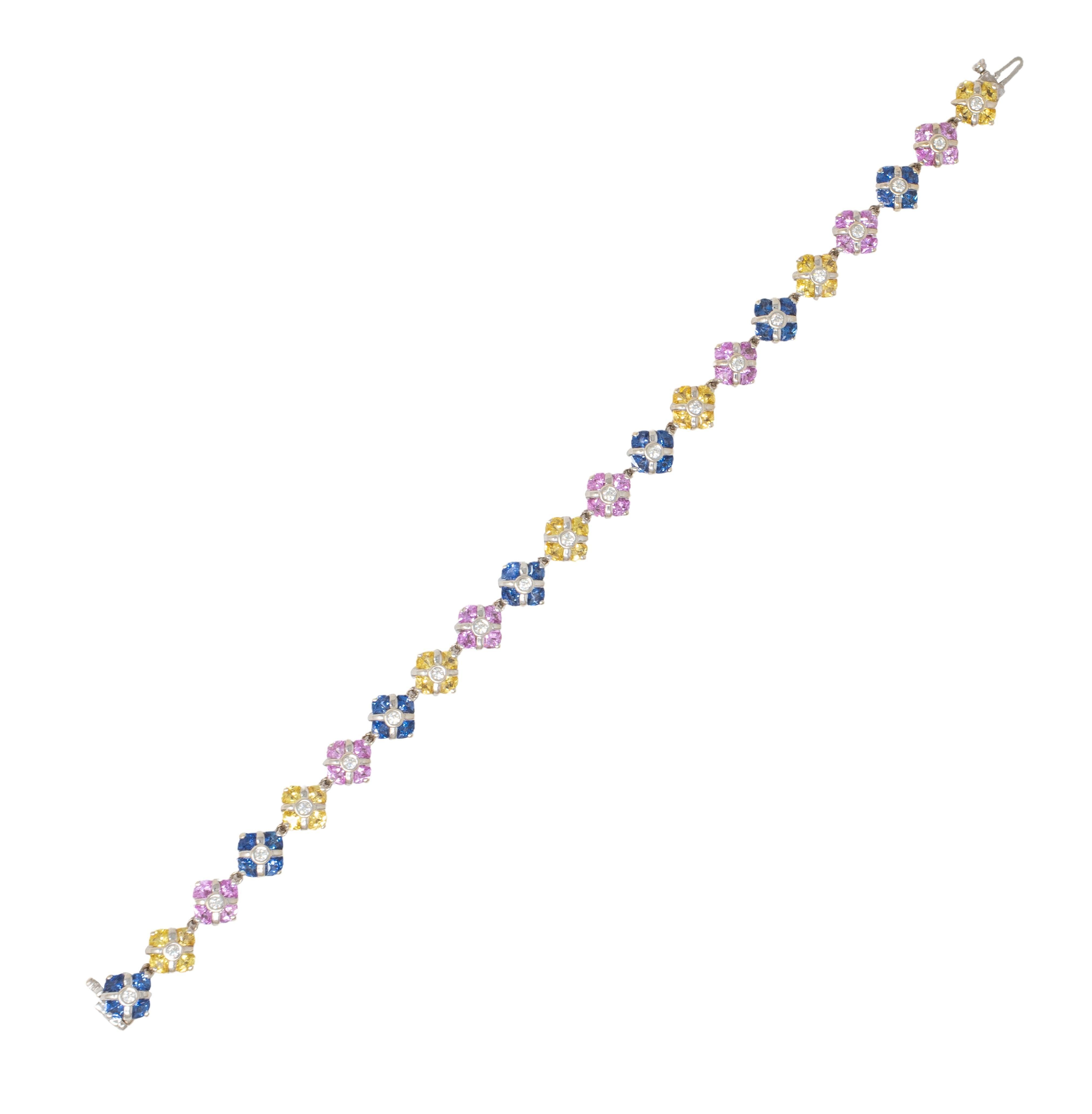 Contemporain Contemporary 11.02 CTW Party Color Sapphires Diamond 18K Gold Bracelet en vente