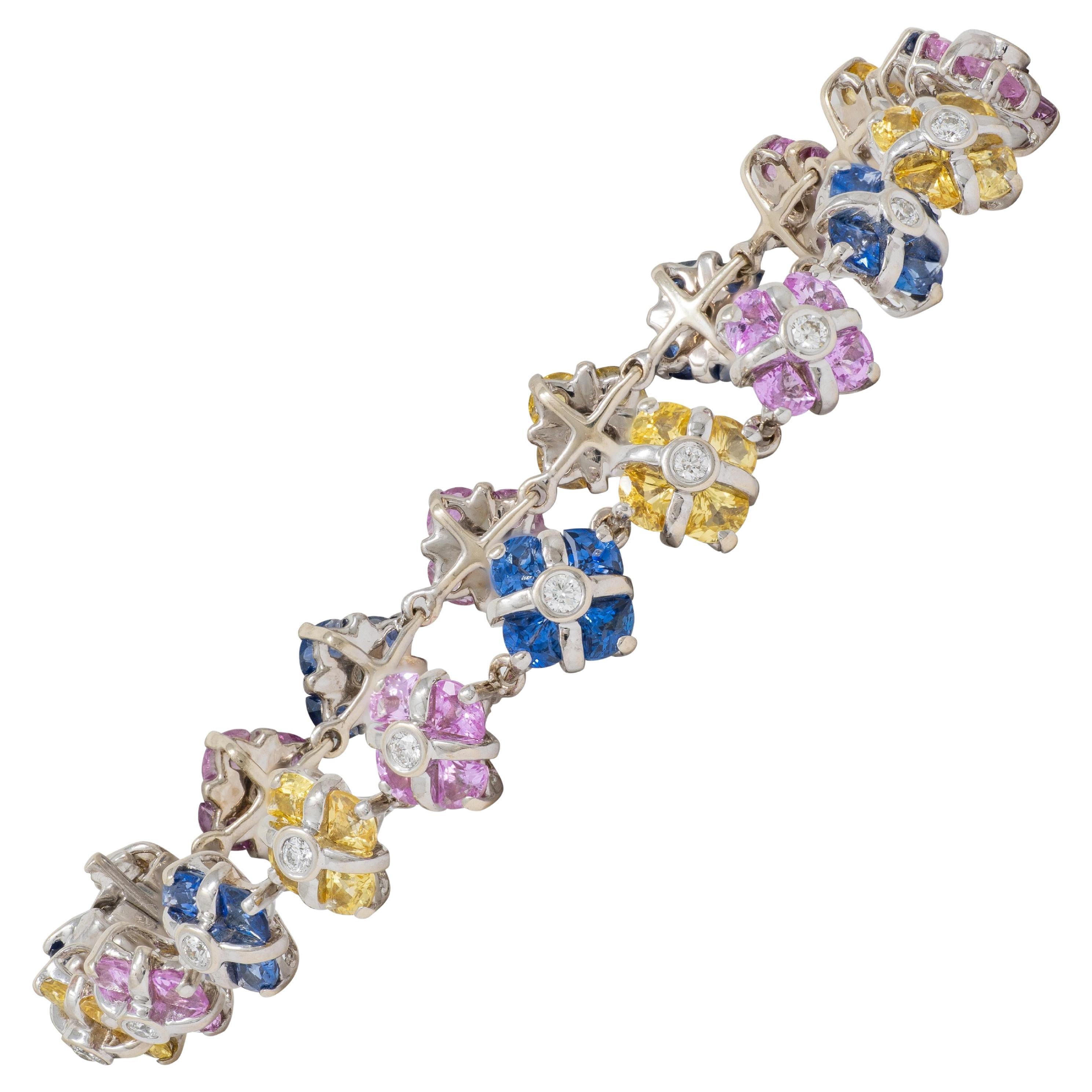 Contemporary 11.02 CTW Party Color Sapphires Diamond 18K Gold Bracelet