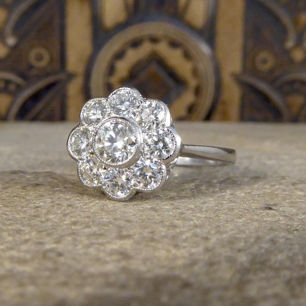 Old European Cut Contemporary 1.10ct Old Cut Diamond Set Daisy Cluster Ring in Platinum