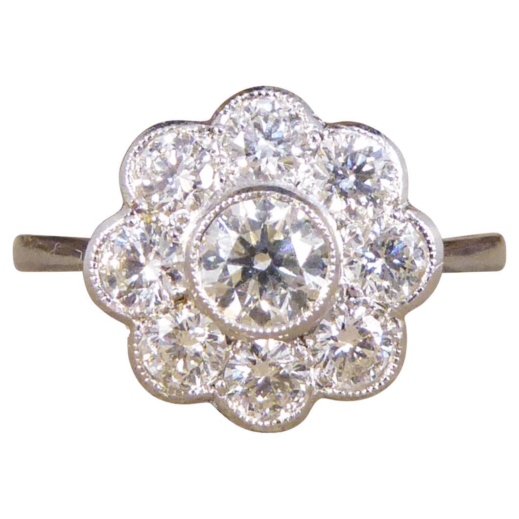 Contemporary 1.10ct Old Cut Diamond Set Daisy Cluster Ring in Platinum