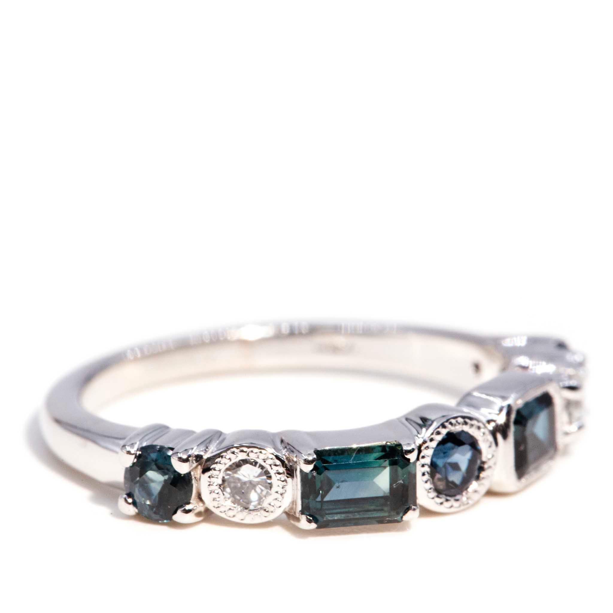 Emerald Cut Contemporary 1.11 Carat Teal & Blue Sapphire & Diamond 18 Carat White Gold Ring For Sale