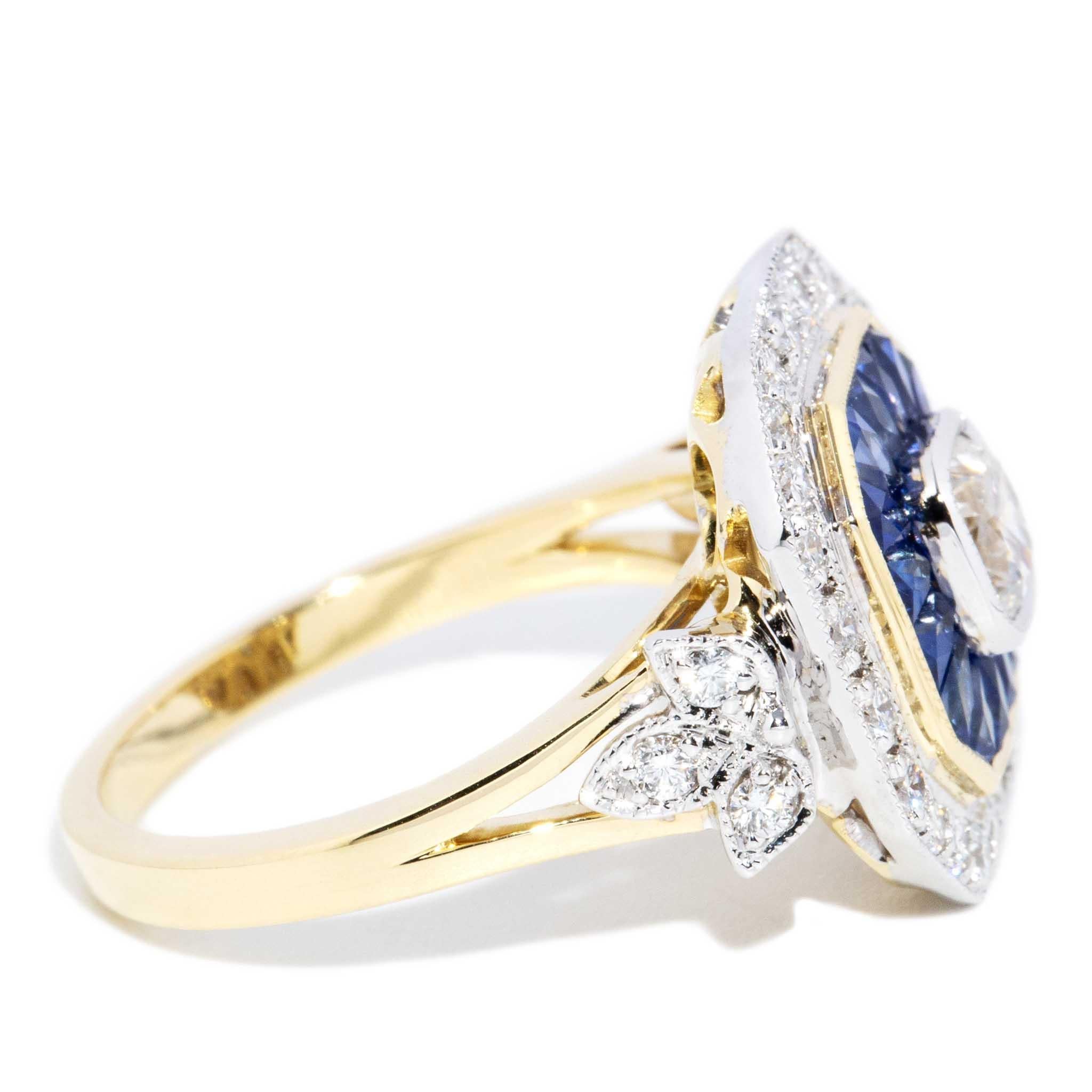 Contemporary 1.14ct Diamond & Sapphire Art Deco Style Ring 18 Carat Gold For Sale 5