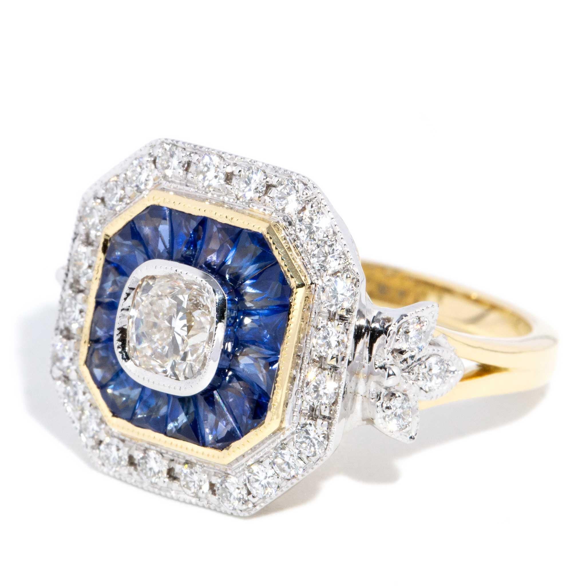 Cushion Cut Contemporary 1.14ct Diamond & Sapphire Art Deco Style Ring 18 Carat Gold For Sale