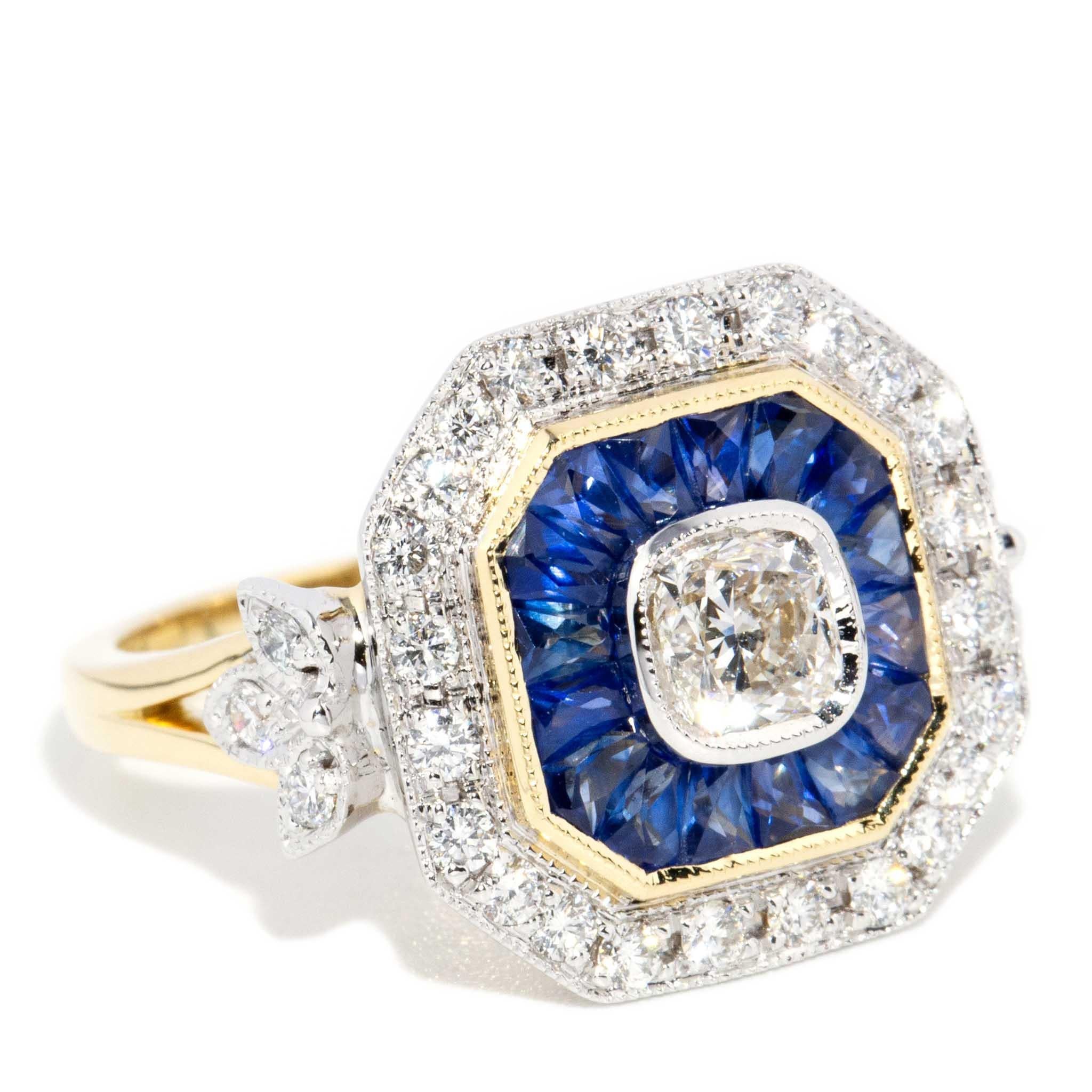 Women's Contemporary 1.14ct Diamond & Sapphire Art Deco Style Ring 18 Carat Gold For Sale