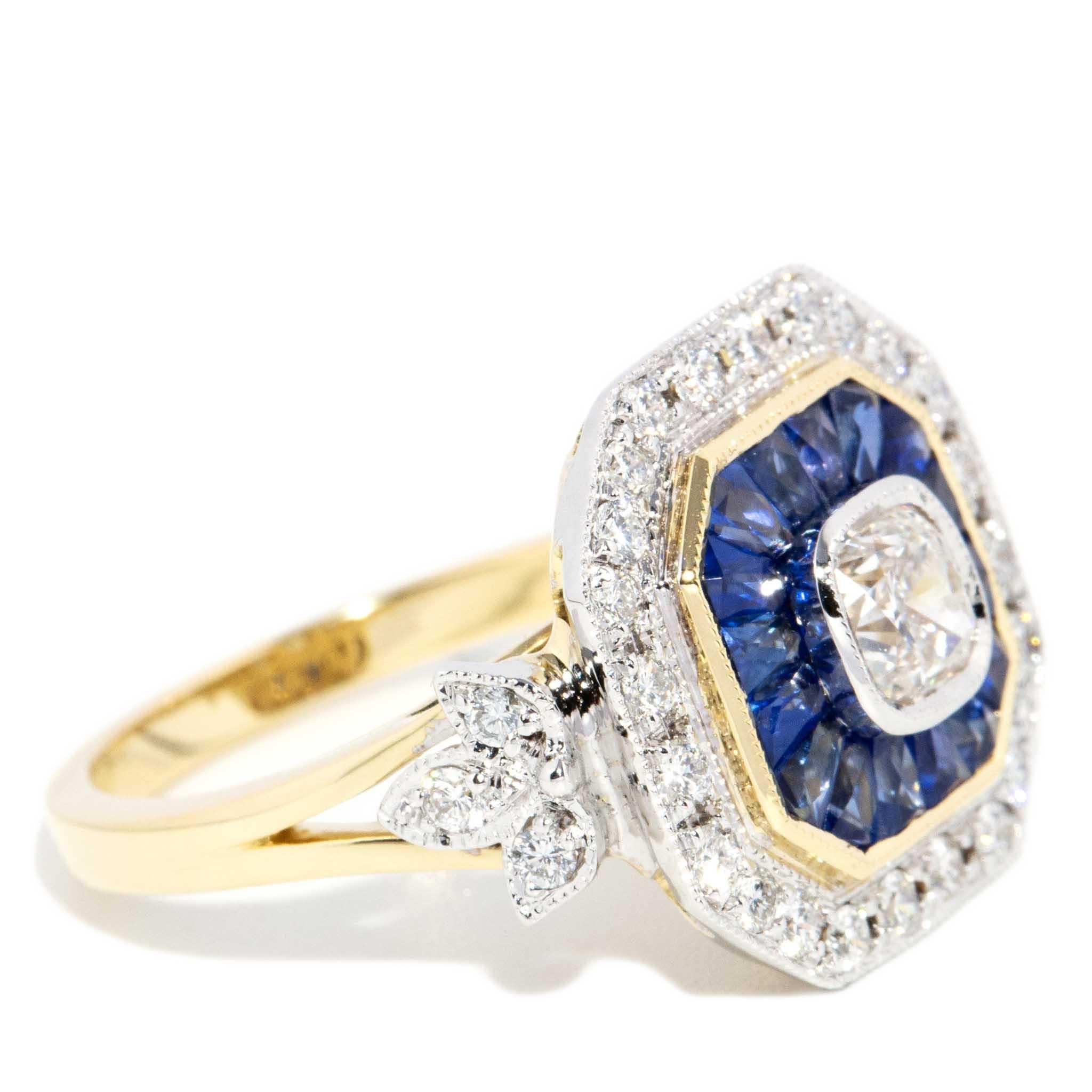 Contemporary 1.14ct Diamond & Sapphire Art Deco Style Ring 18 Carat Gold For Sale 3