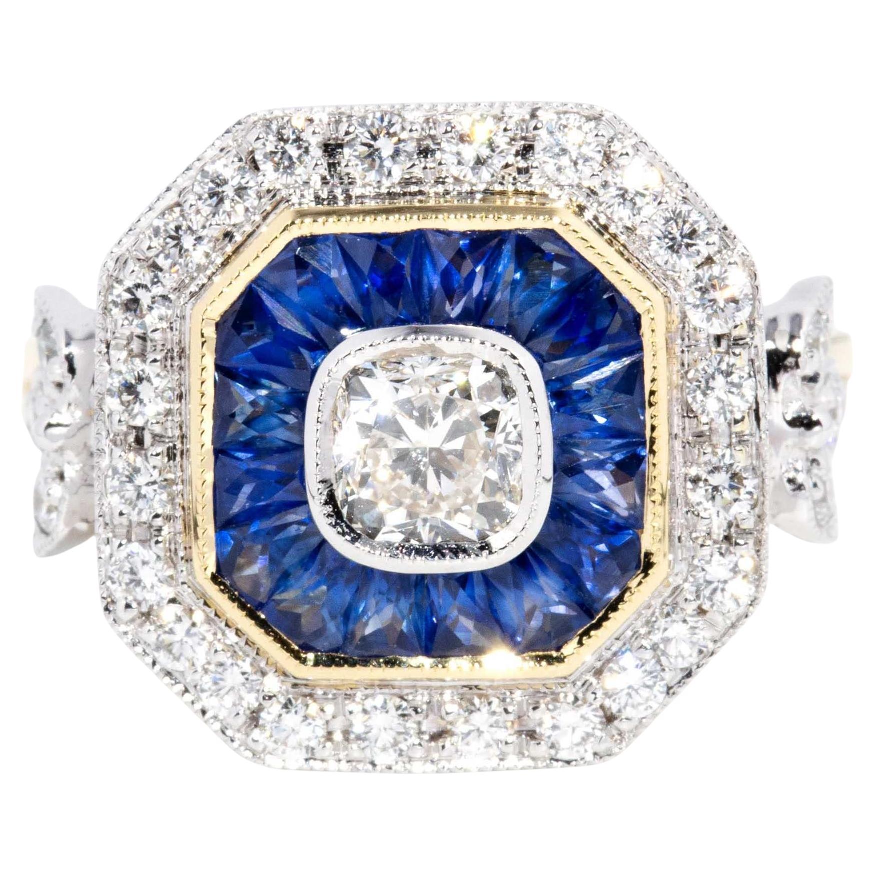 Contemporary 1.14ct Diamond & Sapphire Art Deco Style Ring 18 Carat Gold For Sale