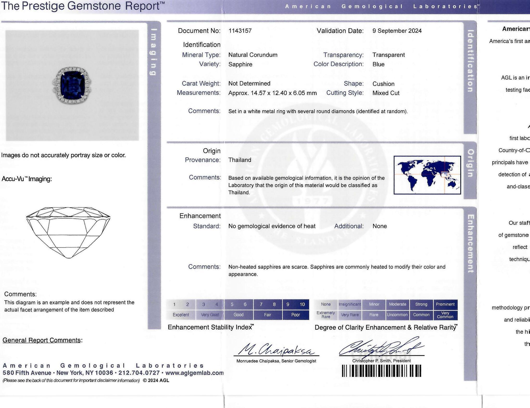 Anello aureolato in platino con zaffiro senza calore 11,50 CTW AGL in vendita 7