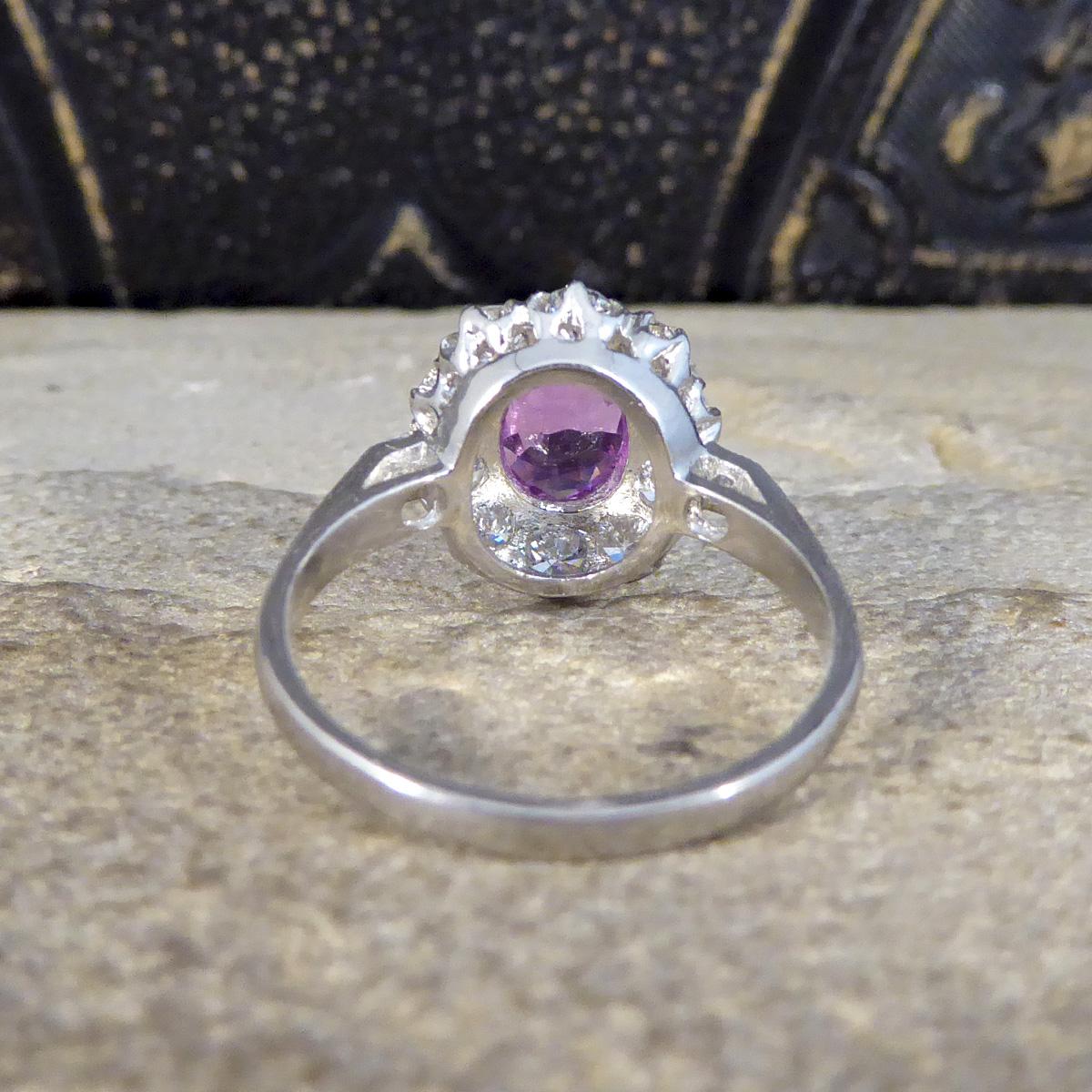 Oval Cut Contemporary 1.15ct Pink Sapphire and Diamond Cluster Ring in Platinum