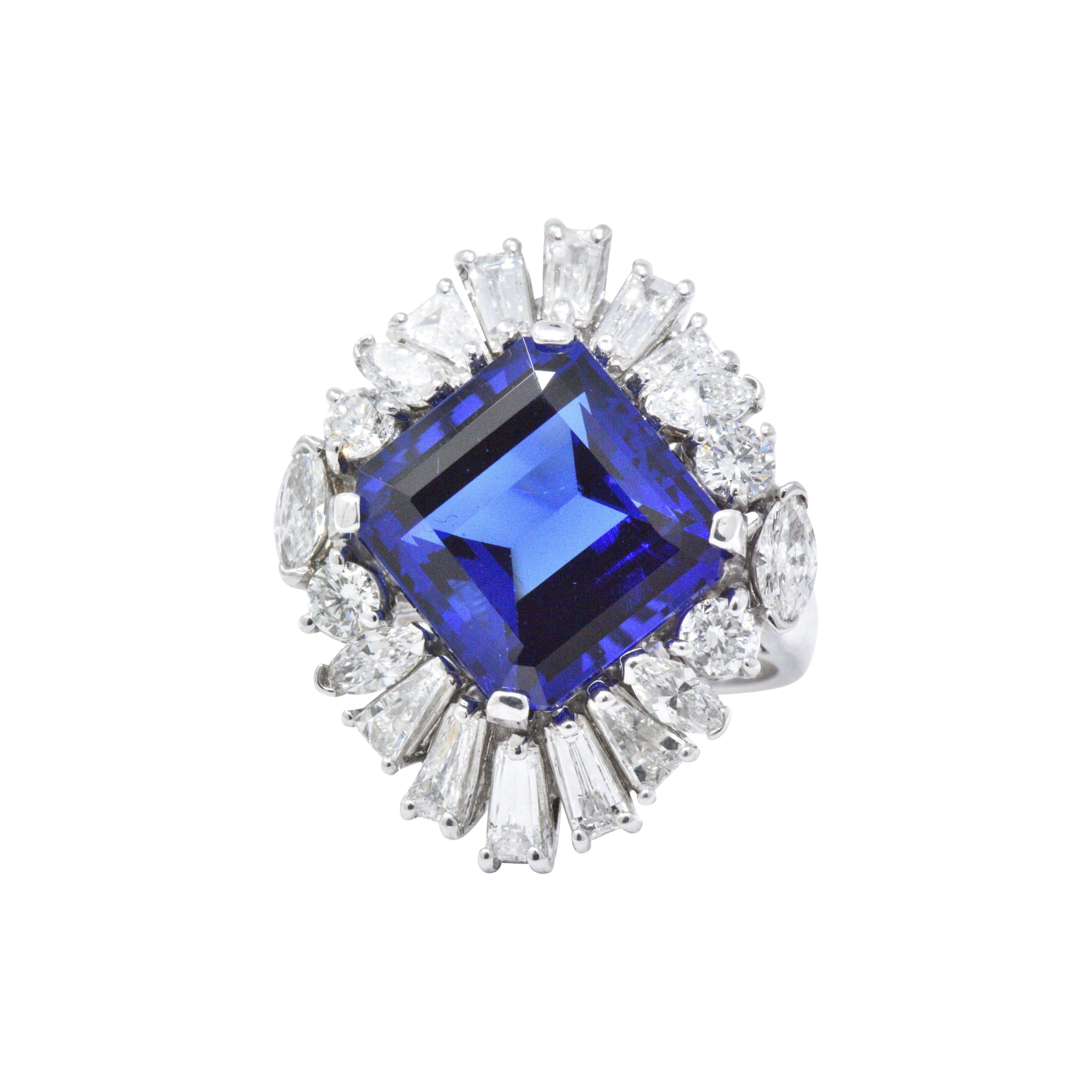 Contemporary 12 Carat Tanzanite Diamond & 18K White Gold Large Cocktail Ring In Excellent Condition In Philadelphia, PA