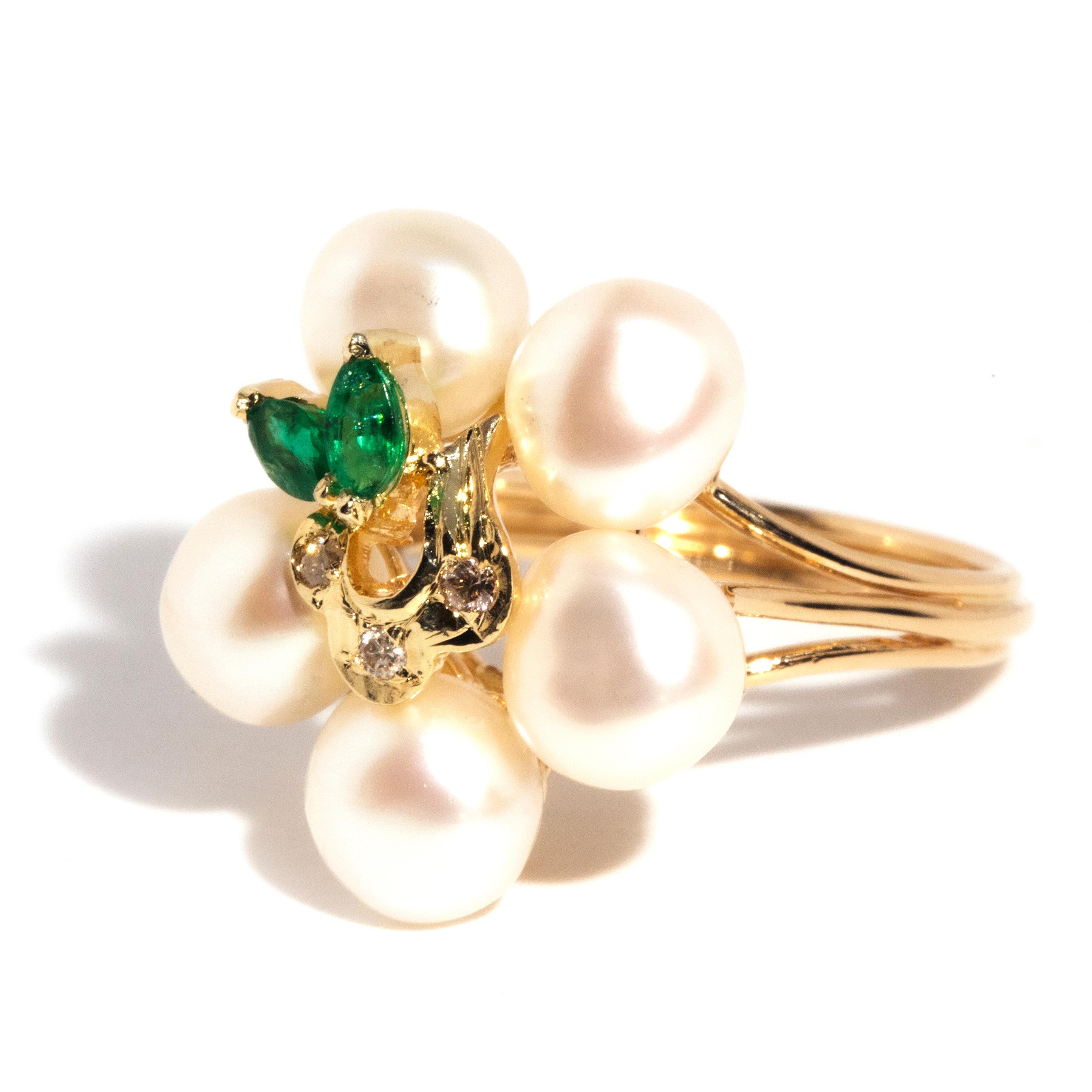 Women's Contemporary 12 Carat Yellow Gold Pearl Emerald and Diamond Cluster Dress Ring