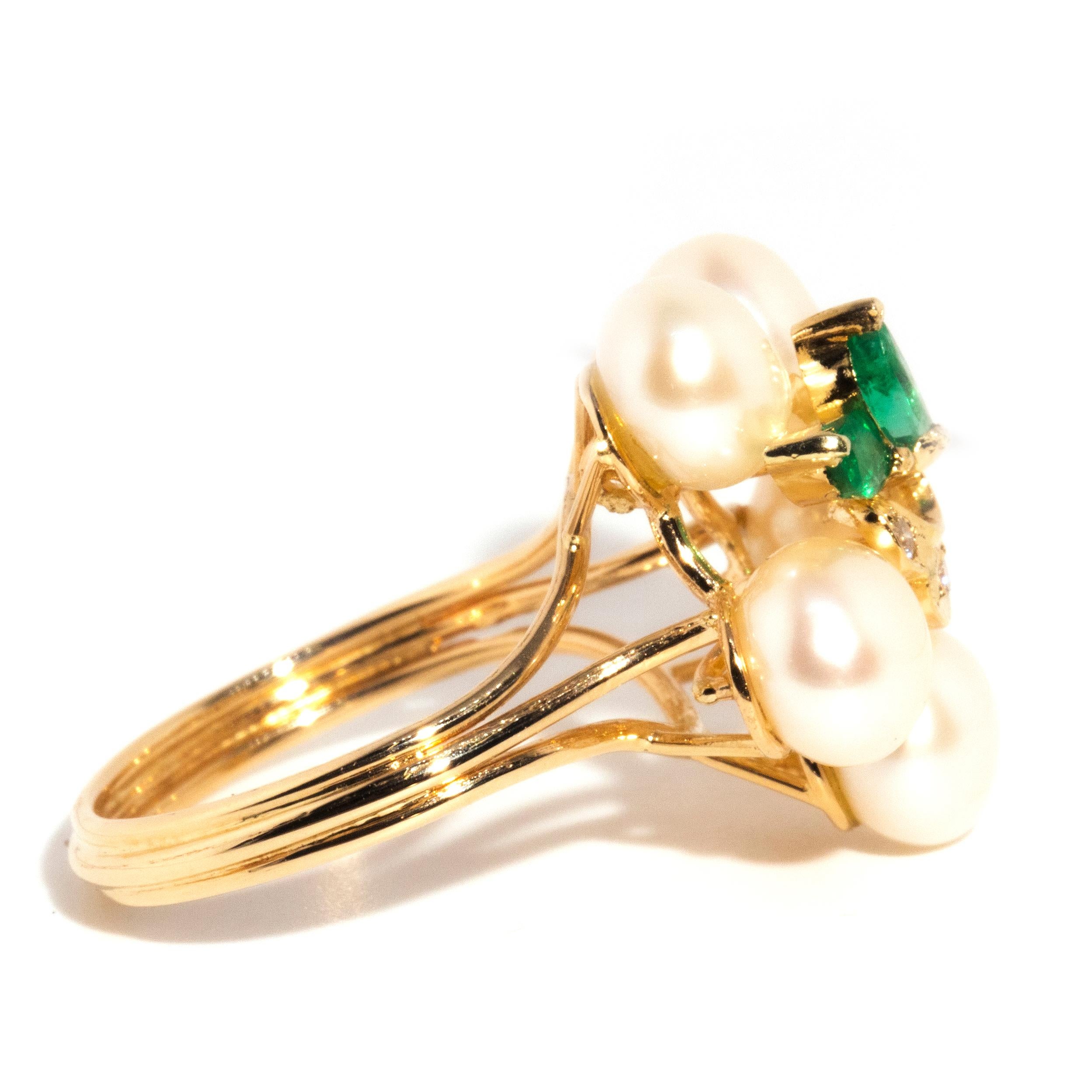 Contemporary 12 Carat Yellow Gold Pearl Emerald and Diamond Cluster Dress Ring 2