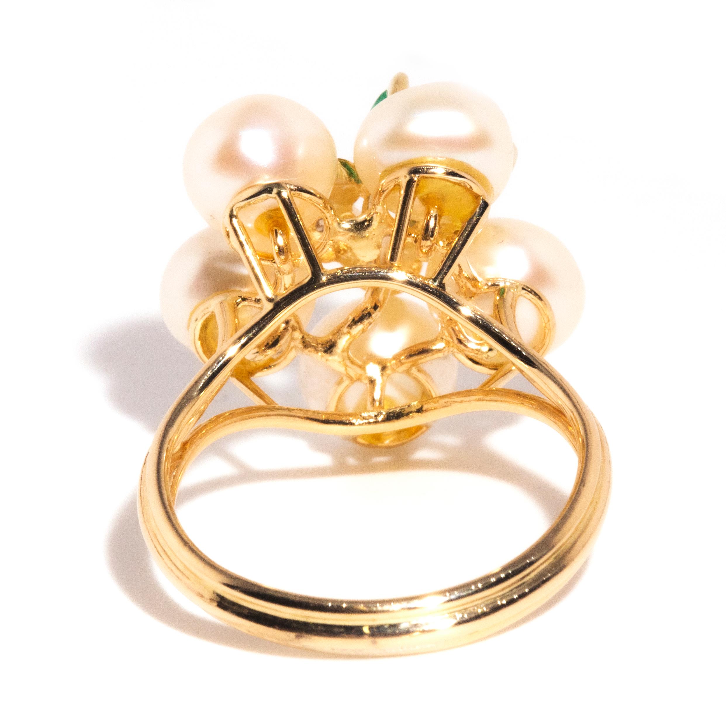 Contemporary 12 Carat Yellow Gold Pearl Emerald and Diamond Cluster Dress Ring 4