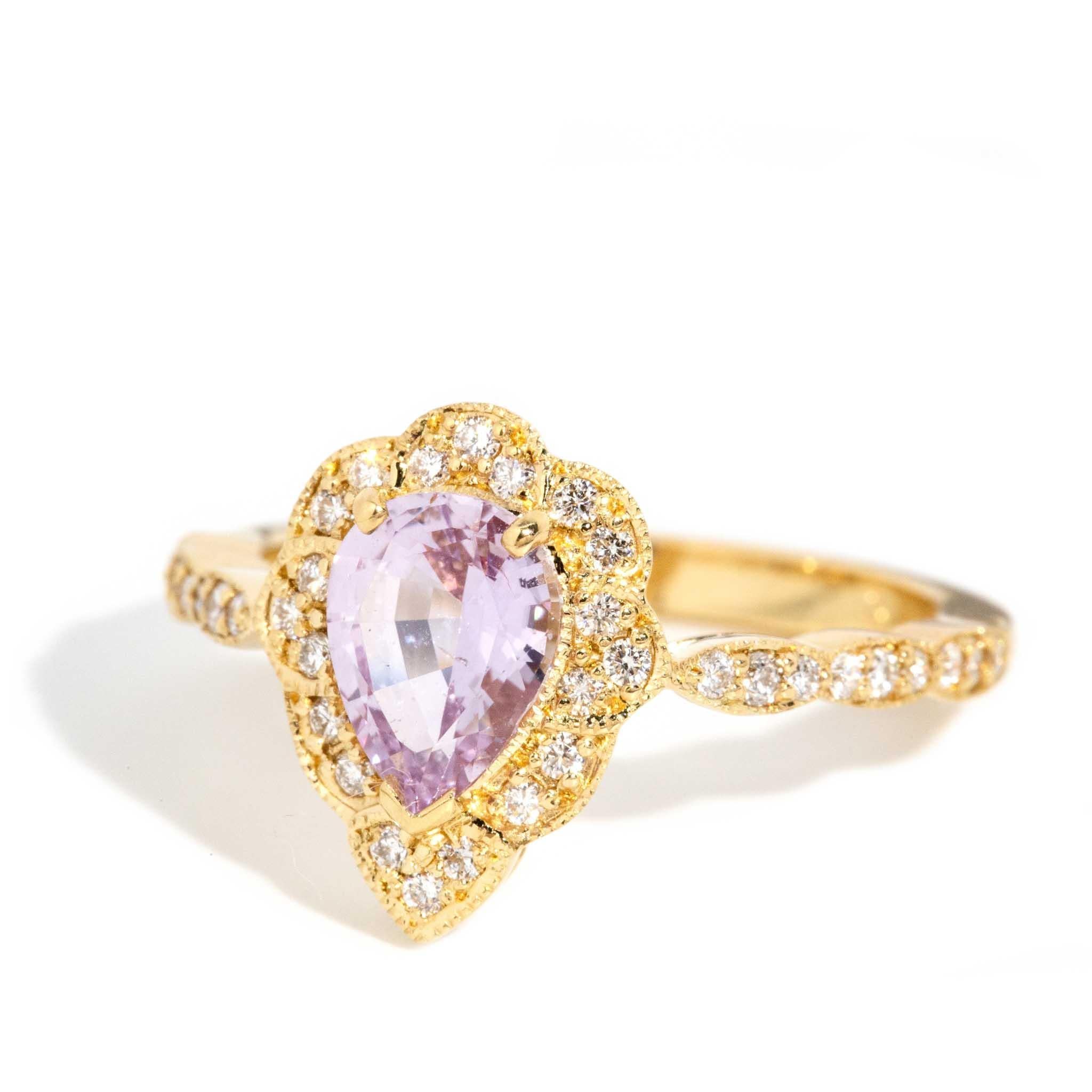 Pear Cut Contemporary 1.20 Carat Purple Sapphire & Diamond Ring 18 Carat Yellow Gold For Sale