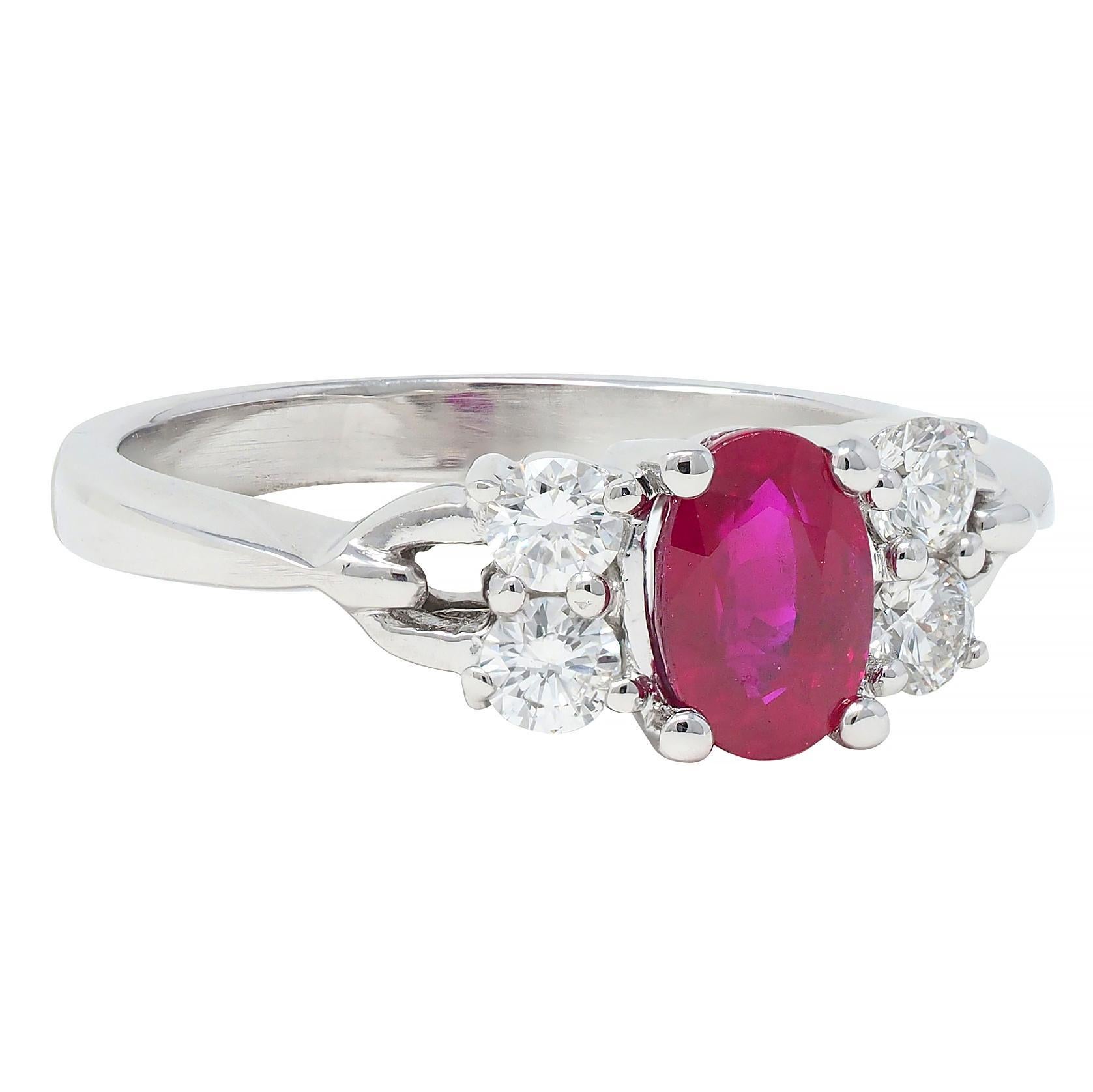 Brilliant Cut Contemporary 1.20 CTW Ruby Diamond 18 Karat White Gold Buckle Ring For Sale