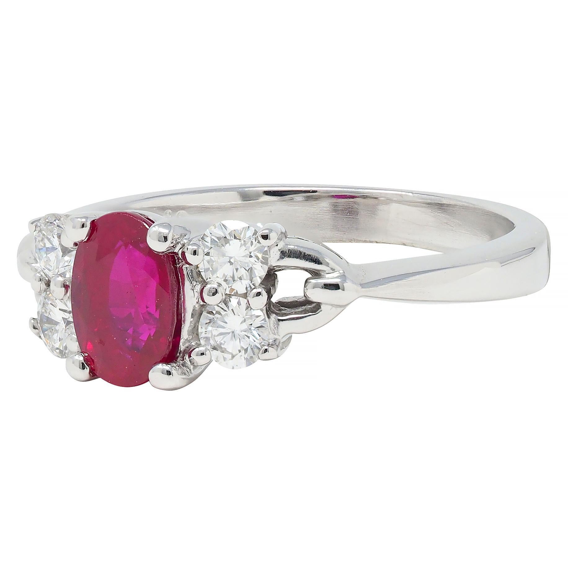 Contemporary 1.20 CTW Ruby Diamond 18 Karat White Gold Buckle Ring For Sale 2
