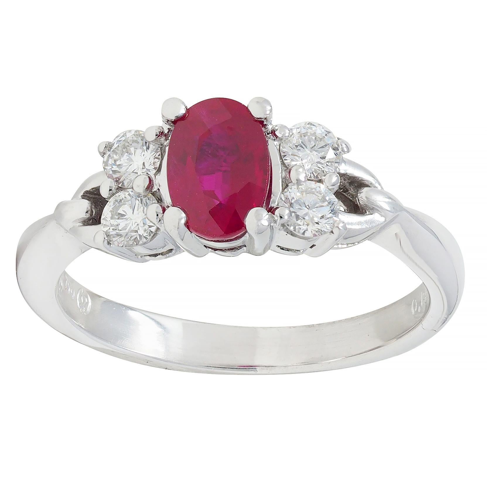 Contemporary 1.20 CTW Ruby Diamond 18 Karat White Gold Buckle Ring For Sale 3