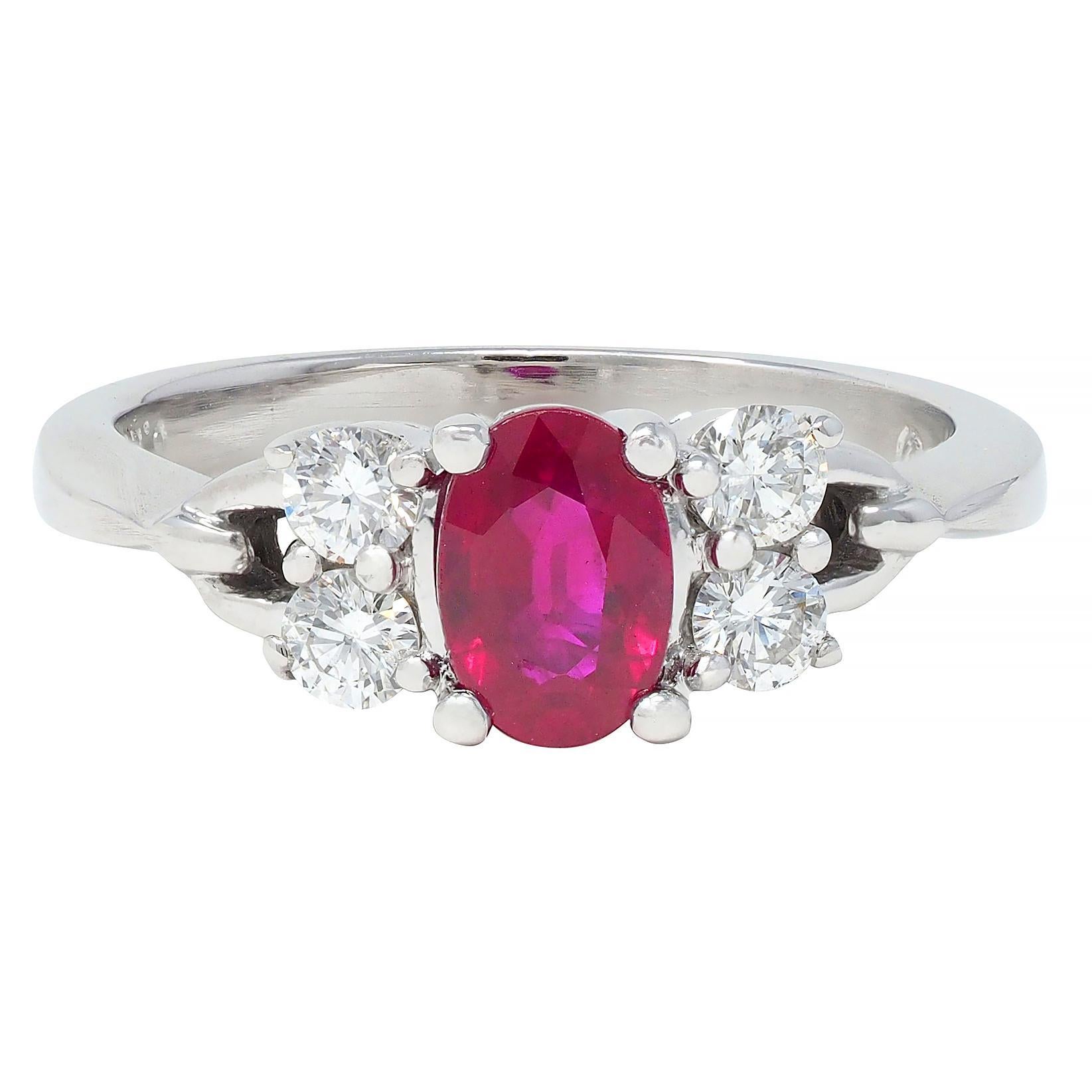 Contemporary 1.20 CTW Ruby Diamond 18 Karat White Gold Buckle Ring For Sale