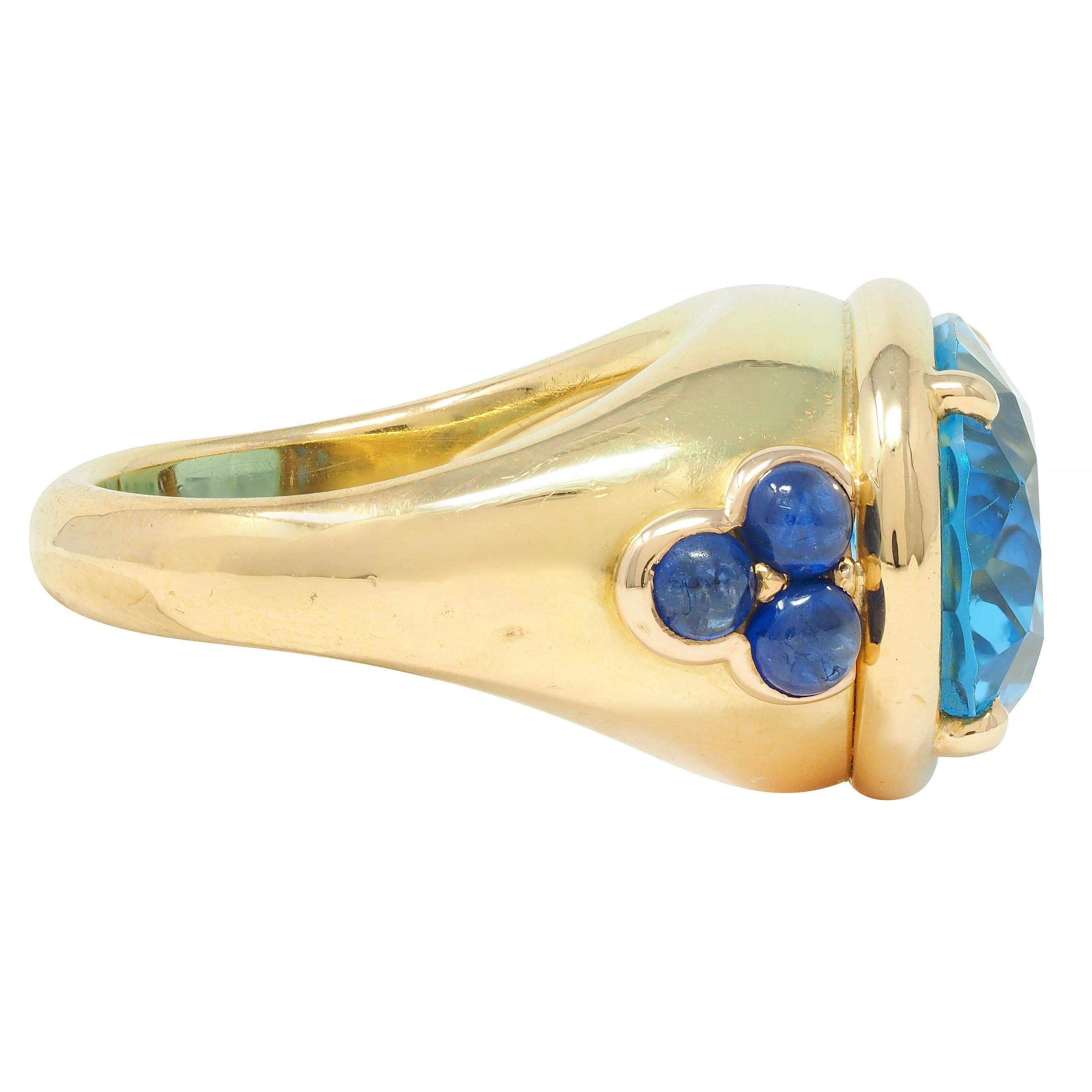 Oval Cut Contemporary 12.05 CTW Topaz Sapphire 18 Karat Yellow Gold Cocktail Ring For Sale