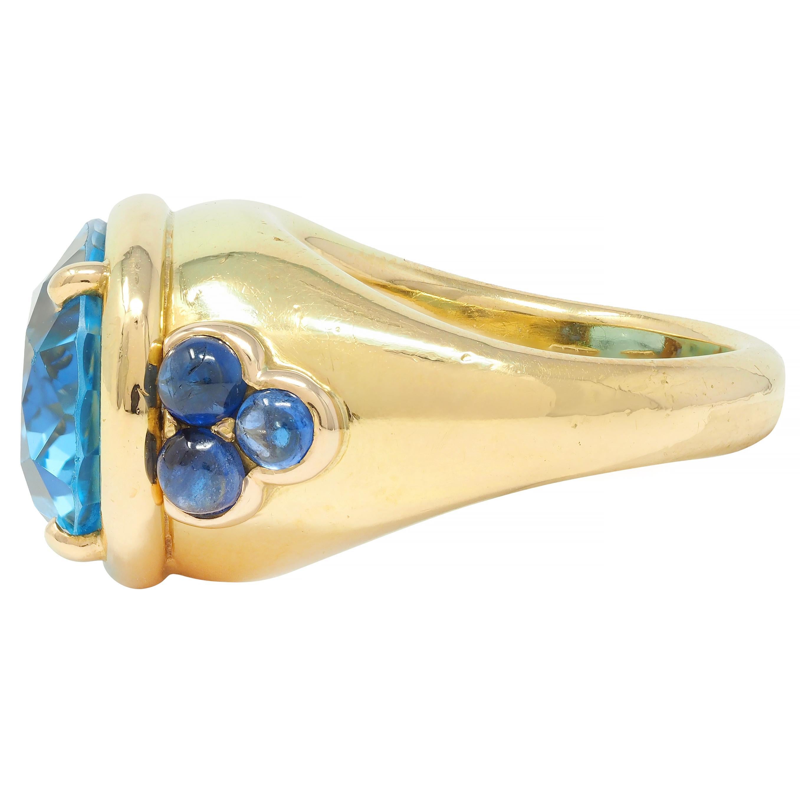 Women's or Men's Contemporary 12.05 CTW Topaz Sapphire 18 Karat Yellow Gold Cocktail Ring For Sale