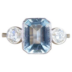 Contemporary 1.20ct Aquamarine and Diamond Three Stone Ring in Platinum