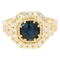 Anillo Contemporáneo de Zafiro Azul Teal y Diamantes 1,24ct Oro Amarillo de 18 Quilates