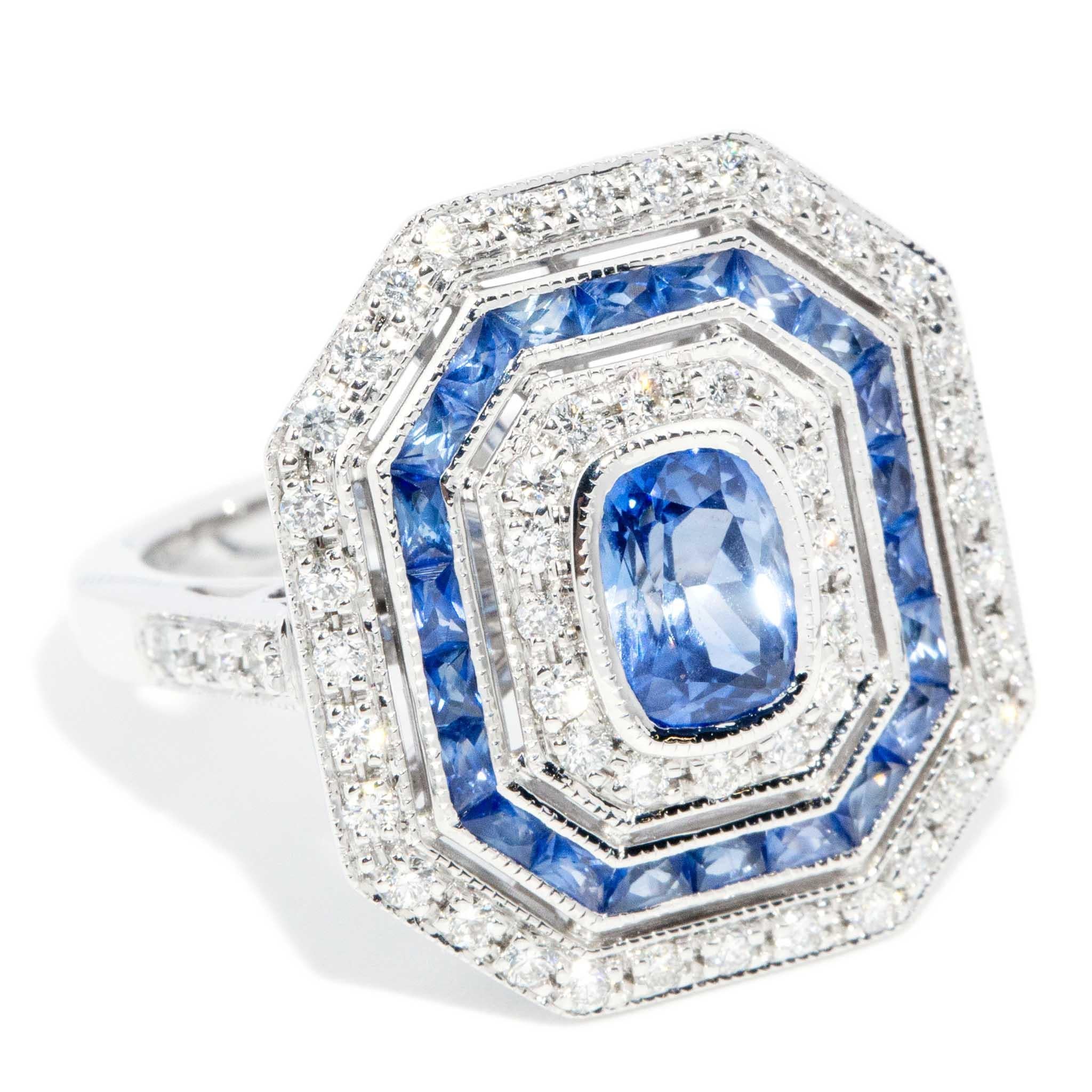 Cushion Cut Contemporary 1.25 Carat Sapphire & Diamond Art Deco Style Ring 18ct White Gold For Sale
