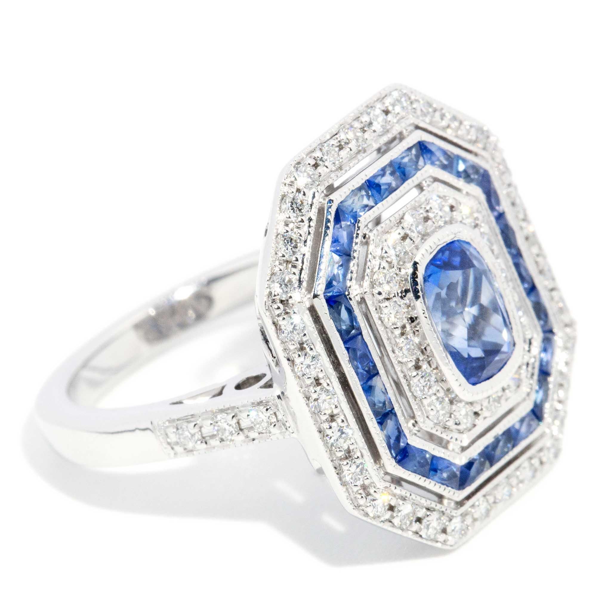 Contemporary 1.25 Carat Sapphire & Diamond Art Deco Style Ring 18ct White Gold For Sale 1