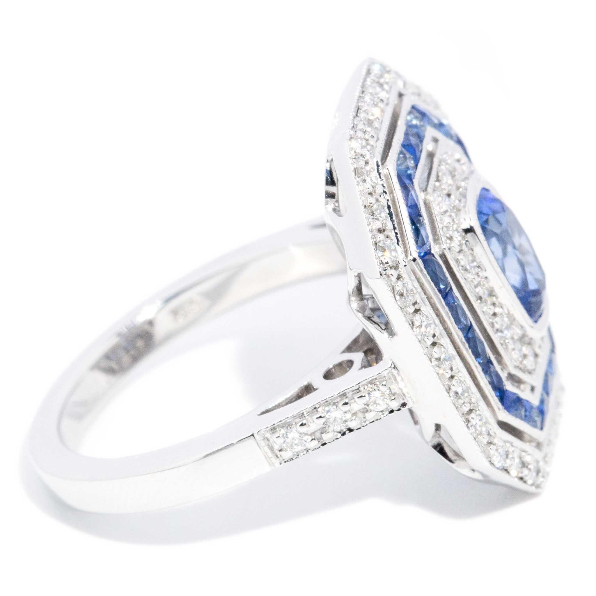 Contemporary 1.25 Carat Sapphire & Diamond Art Deco Style Ring 18ct White Gold For Sale 3