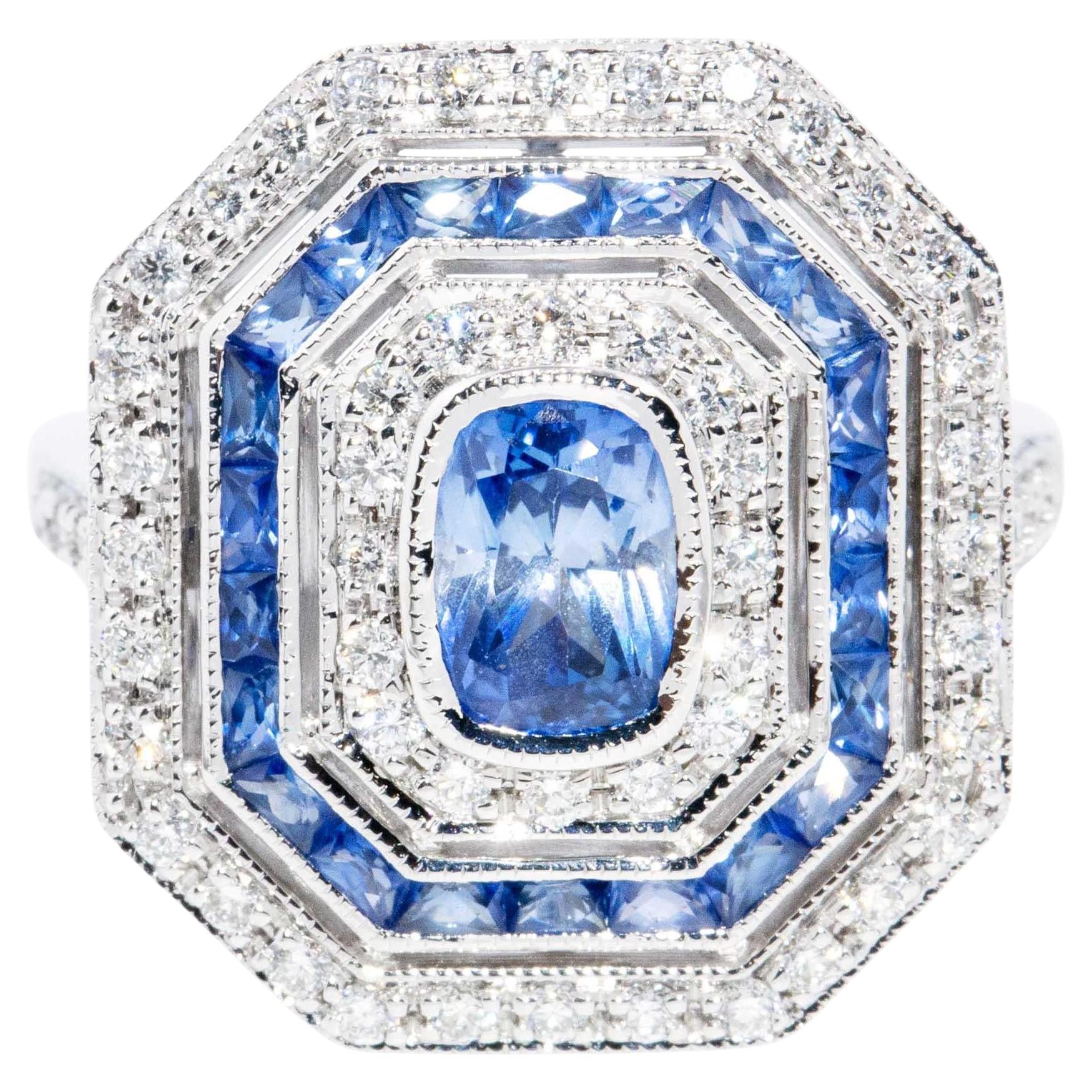 Contemporary 1.25 Carat Sapphire & Diamond Art Deco Style Ring 18ct White Gold For Sale