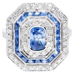 Anello contemporaneo con zaffiro e diamante da 1,25 carati in stile Art Deco, oro bianco 18 ct.
