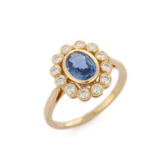 Contemporary 1.25 ct Sapphire Diamond Halo Ring in 14K Solid Yellow Gold
