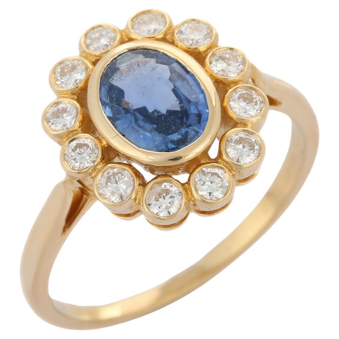 For Sale:  Contemporary 1.25 ct Sapphire Diamond Halo Ring in 14K Solid Yellow Gold