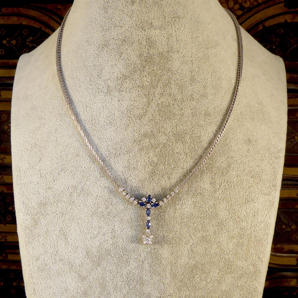 Contemporary 1.25ct Sapphire and Diamond Drop Necklace set in 14ct White Gold 3