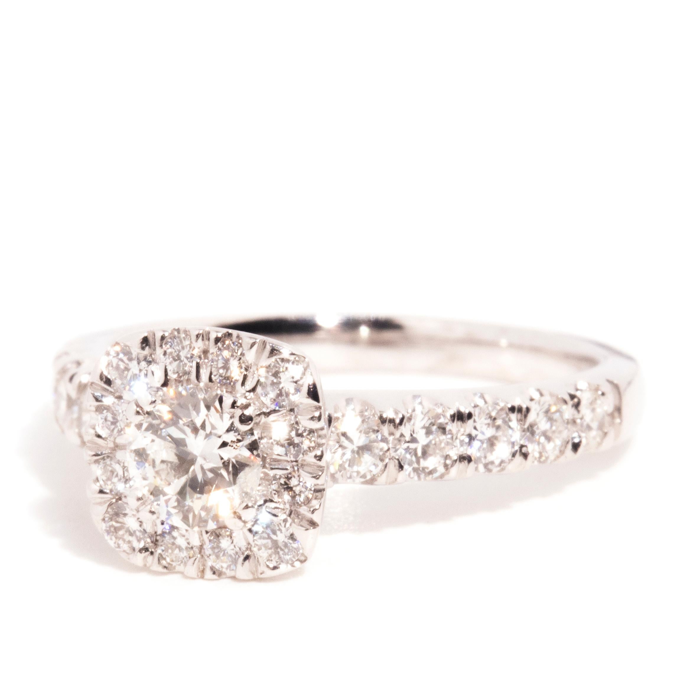 Contemporary 1.28 Carat Diamond 18 Carat White Gold Halo Engagement Ring 1