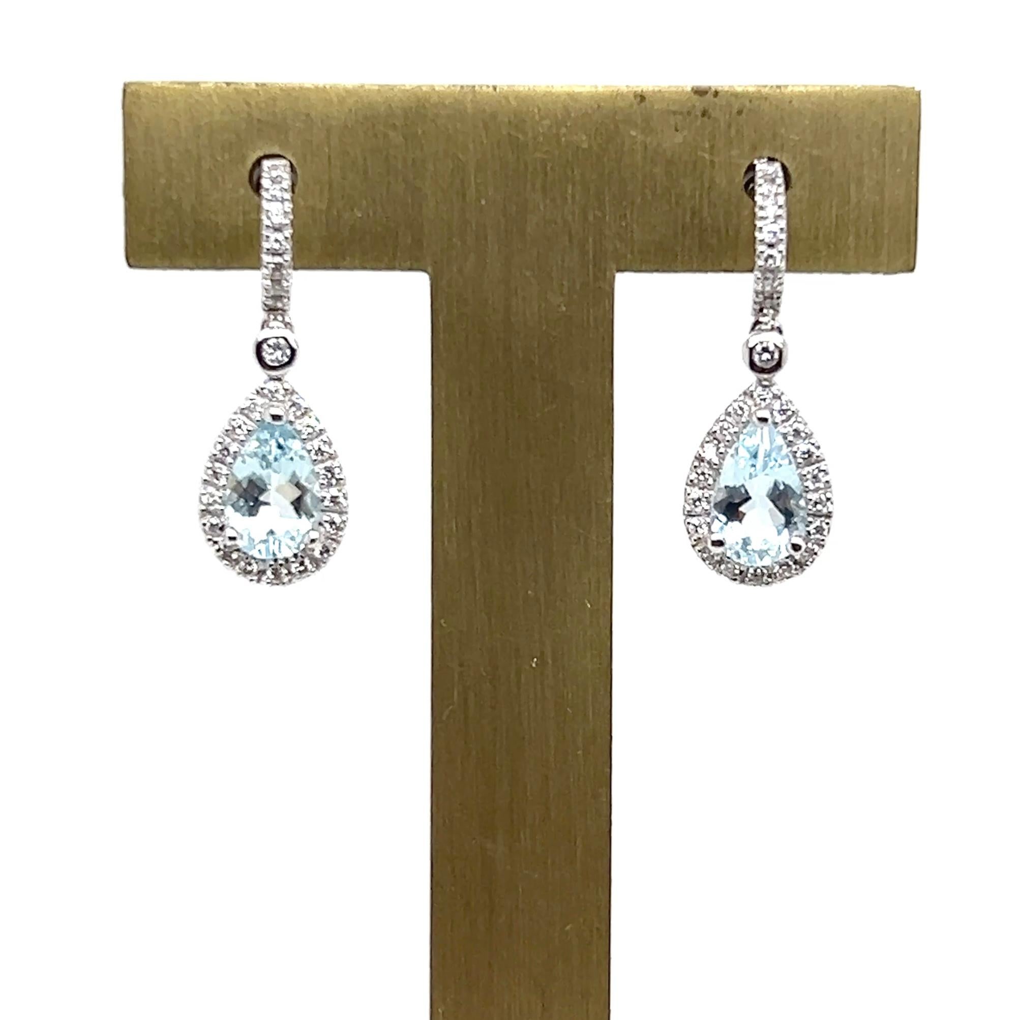 Contemporary 1.28 TCW Pear Aquamarine & Diamond Halo White Gold Dangle Earrings