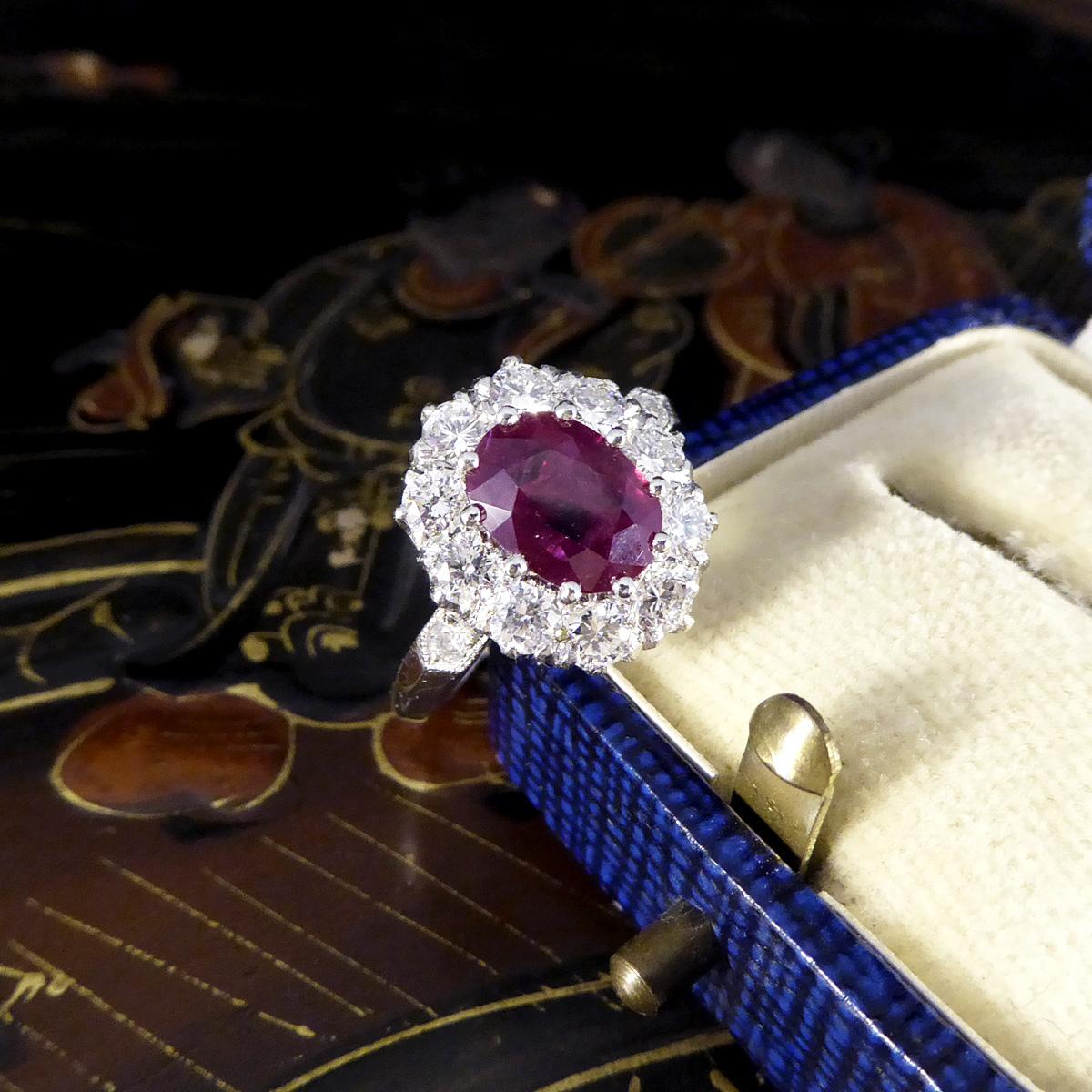 Contemporary 1.28ct Ruby and 0.95ct Diamond Cluster Ring in Platinum For Sale 4