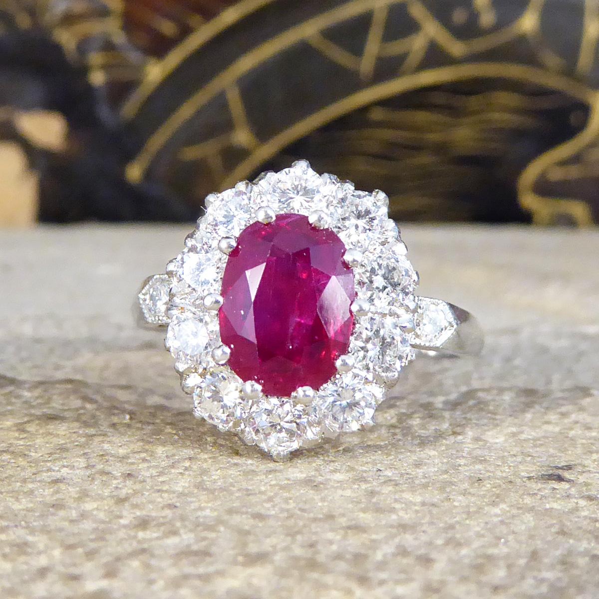 Contemporary 1.28ct Ruby and 0.95ct Diamond Cluster Ring in Platinum In Excellent Condition For Sale In Yorkshire, West Yorkshire