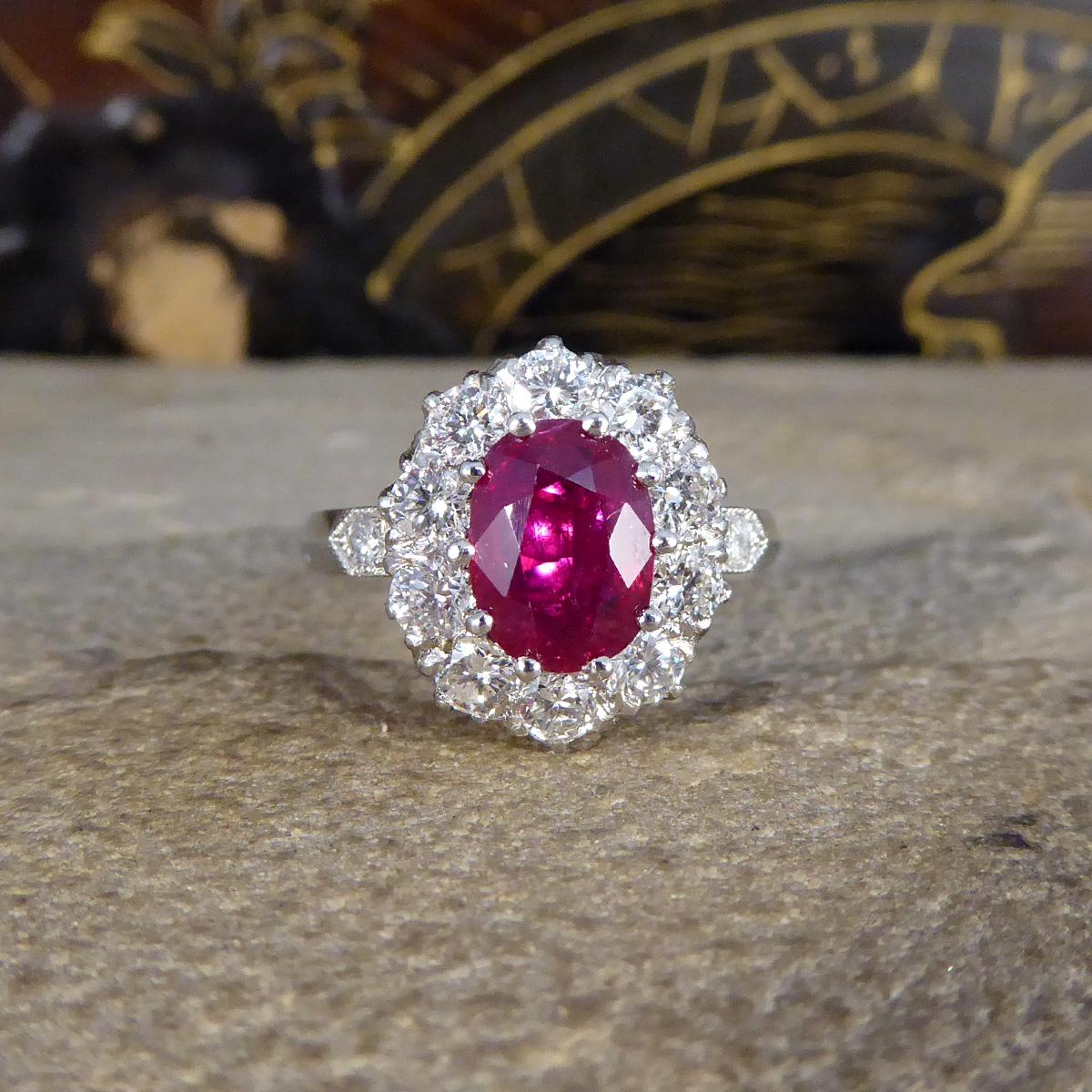 Contemporary 1.28ct Ruby and 0.95ct Diamond Cluster Ring in Platinum For Sale 3