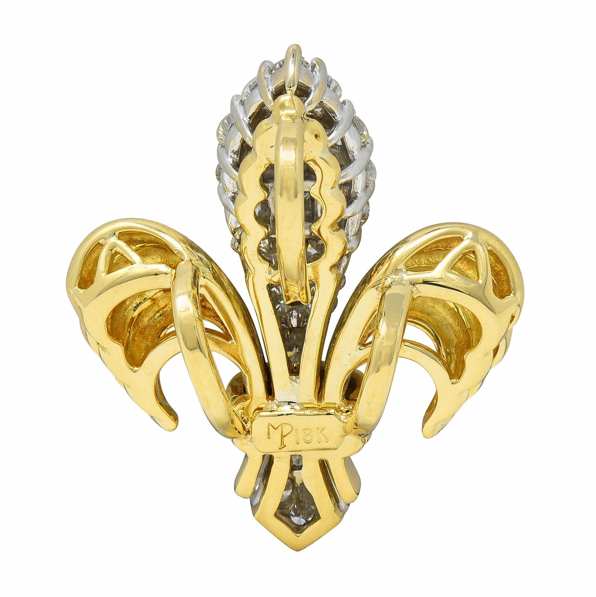 Round Cut Contemporary 1.30 CTW Diamond 18 Karat Two-Tone Gold Fleur-De-Lis Pendant