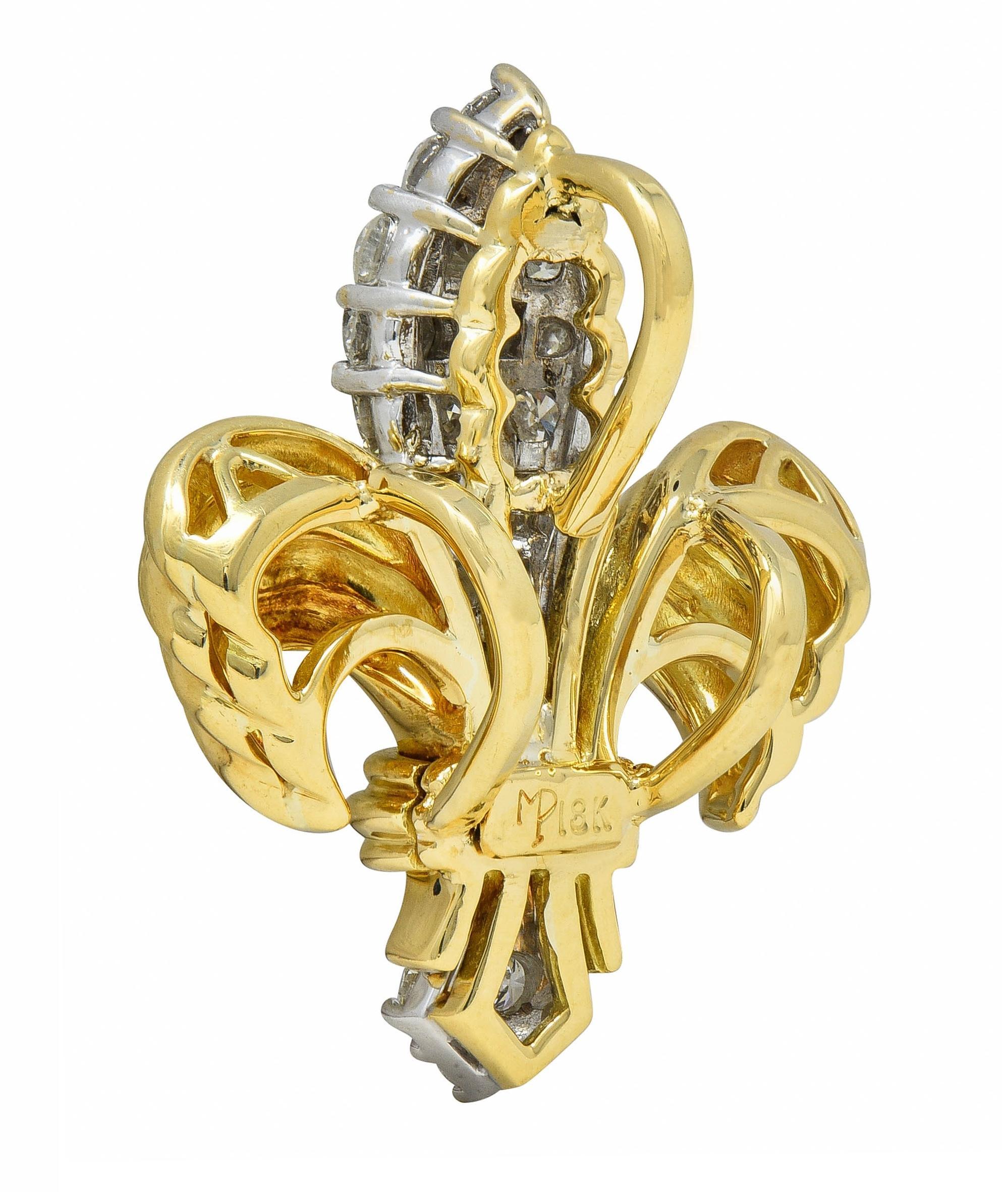 Contemporary 1.30 CTW Diamond 18 Karat Two-Tone Gold Fleur-De-Lis Pendant In Excellent Condition In Philadelphia, PA