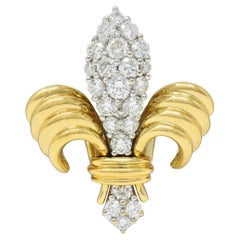 Contemporary 1.30 CTW Diamond 18 Karat Two-Tone Gold Fleur-De-Lis Pendant