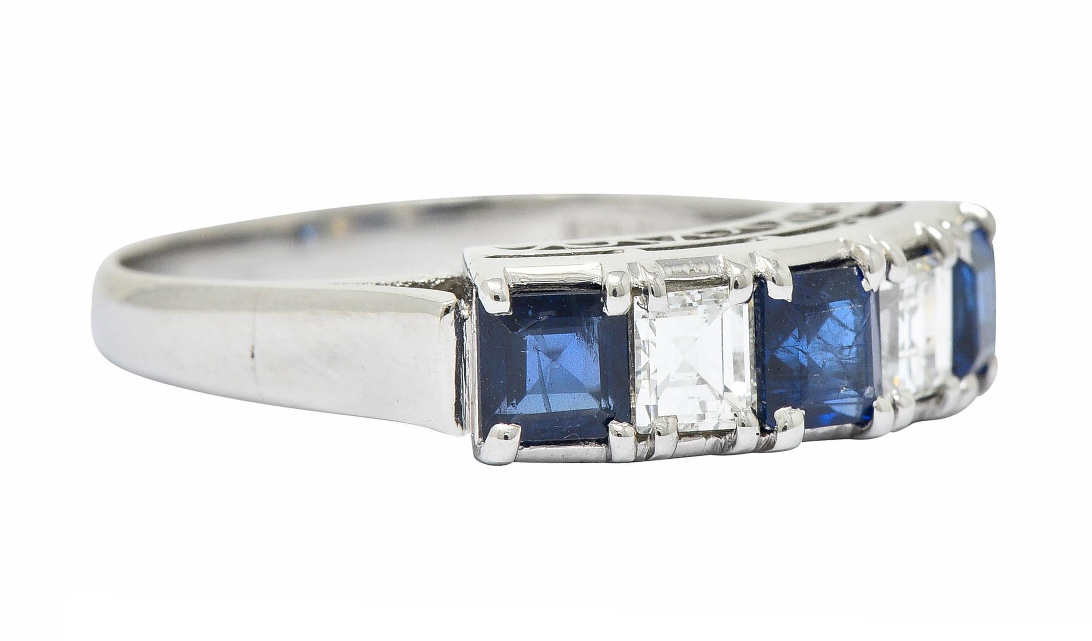 Square Cut Contemporary 1.31 Carat Sapphire Diamond Platinum Five-Stone Band Ring