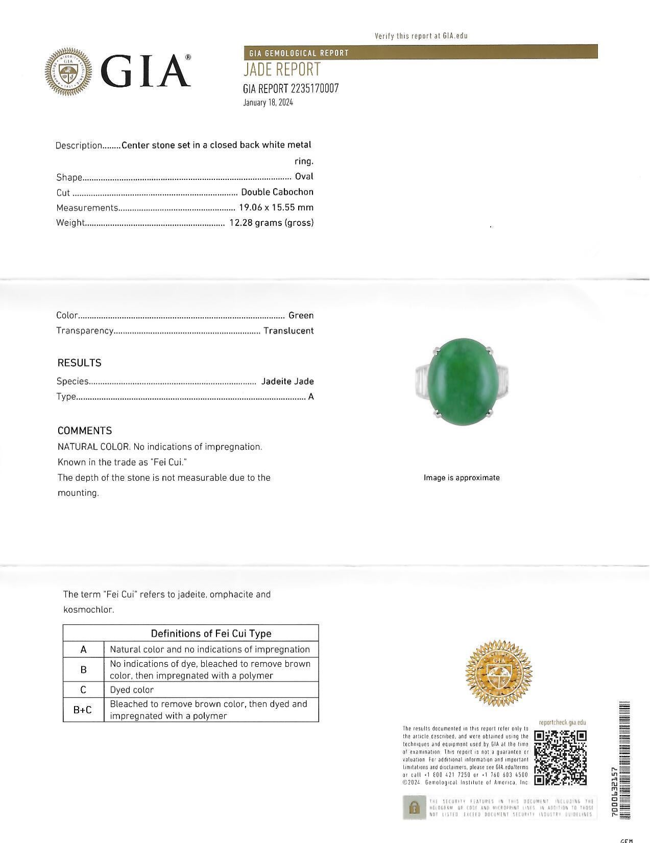 Contemporary 1.32 CTW Diamant Natürlicher Jadeit Jade 18 Karat Weißgold Ring GIA im Angebot 9