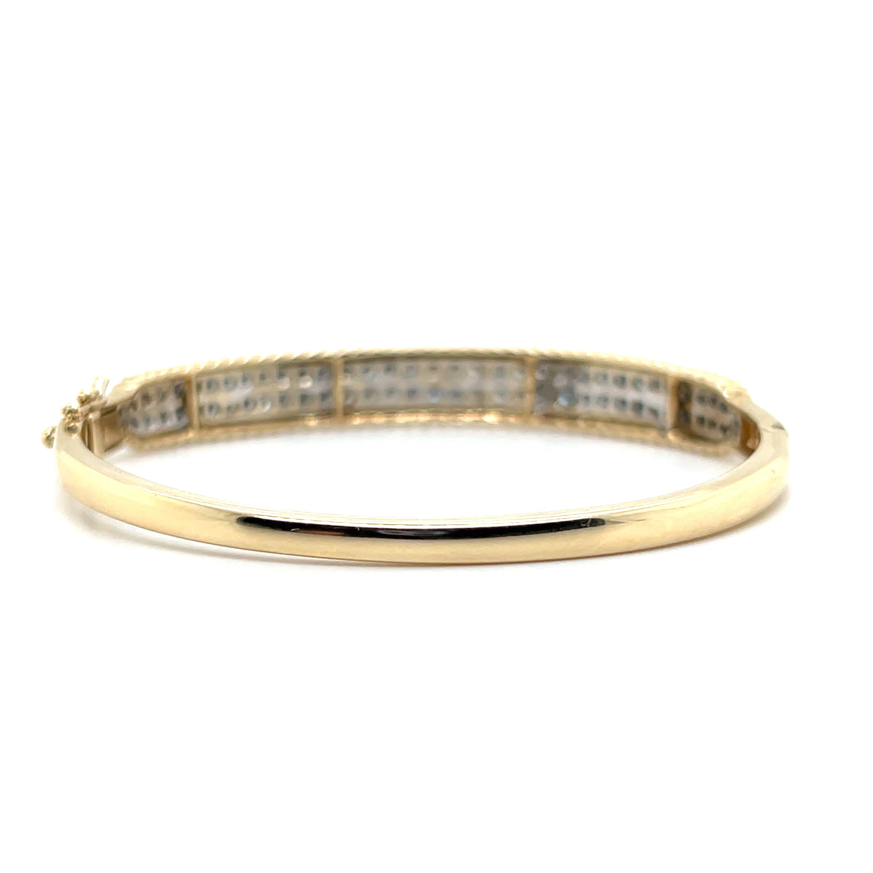 Contemporary 1.32 TCW Diamond 14k Yellow and White Gold Hinged Bangle Bracelet For Sale 7