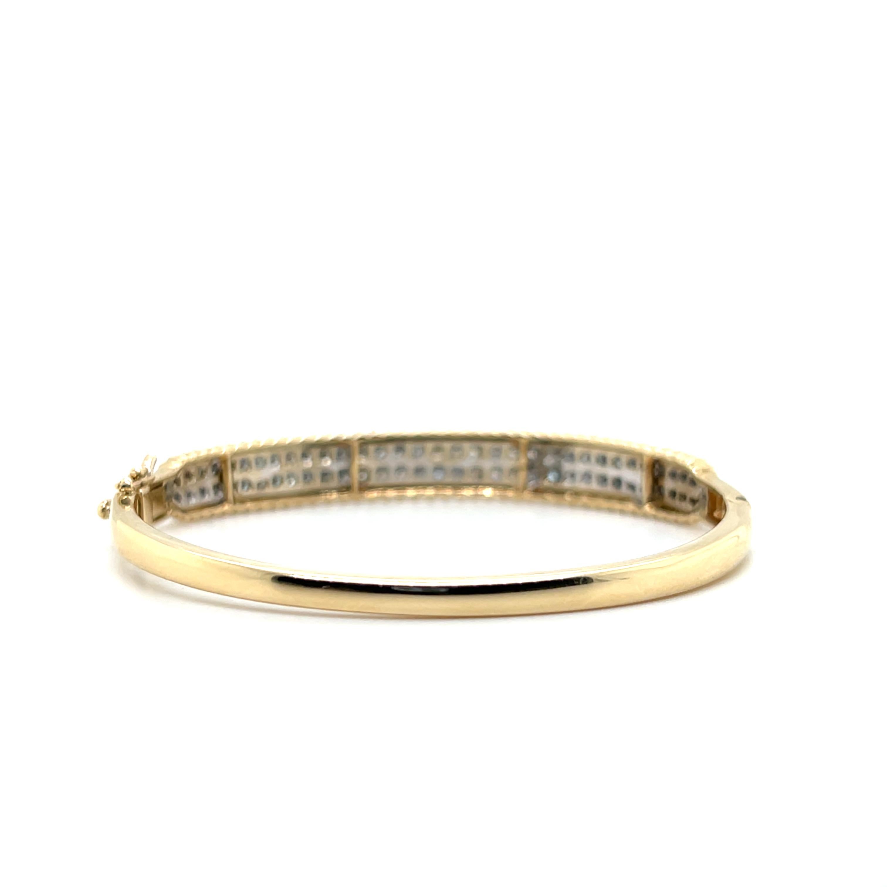 Contemporary 1.32 TCW Diamond 14k Yellow and White Gold Hinged Bangle Bracelet For Sale 2