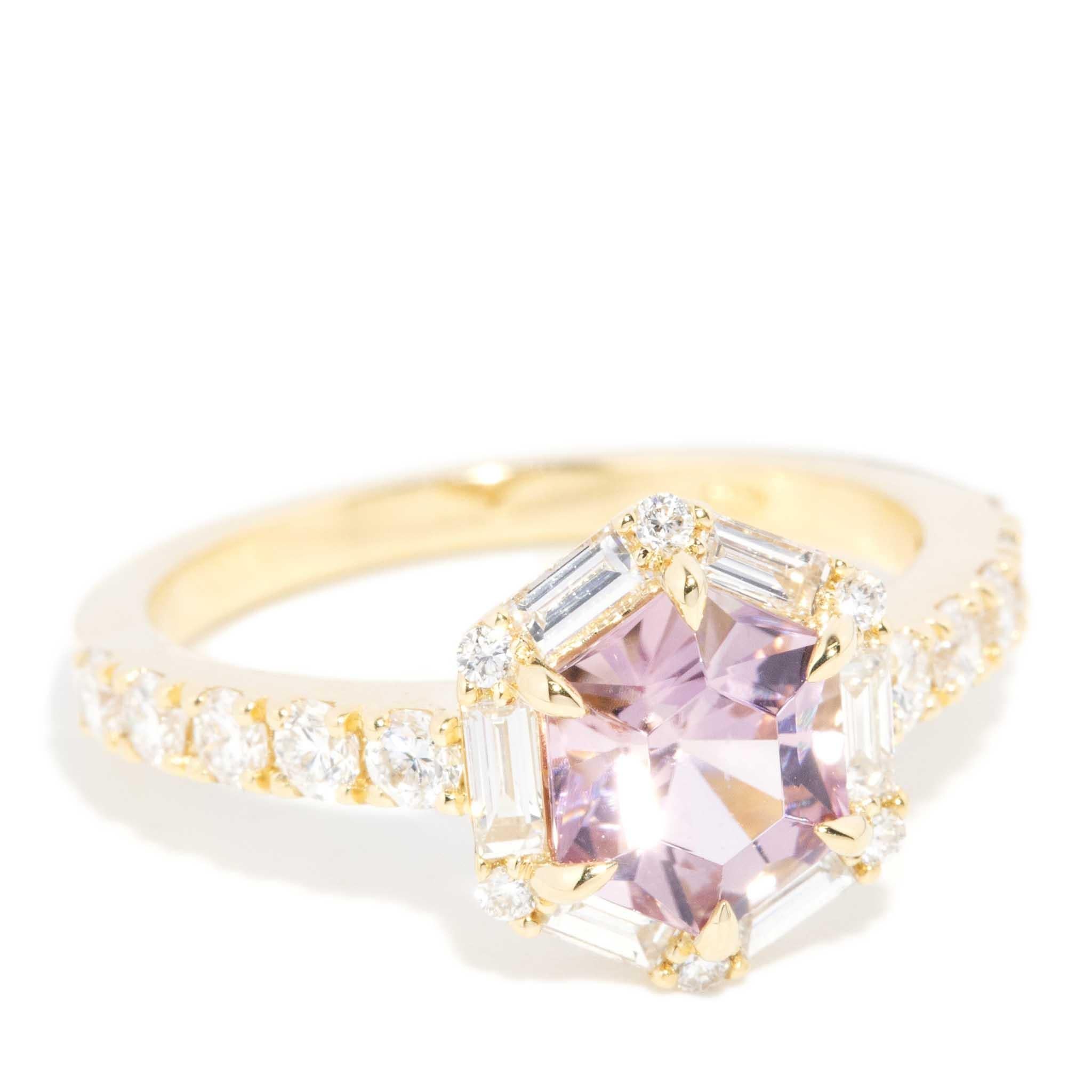 Hexagon Cut Contemporary 1.38 Carat Pink Tourmaline & Diamond Hexagonal Ring 18 Carat Gold For Sale