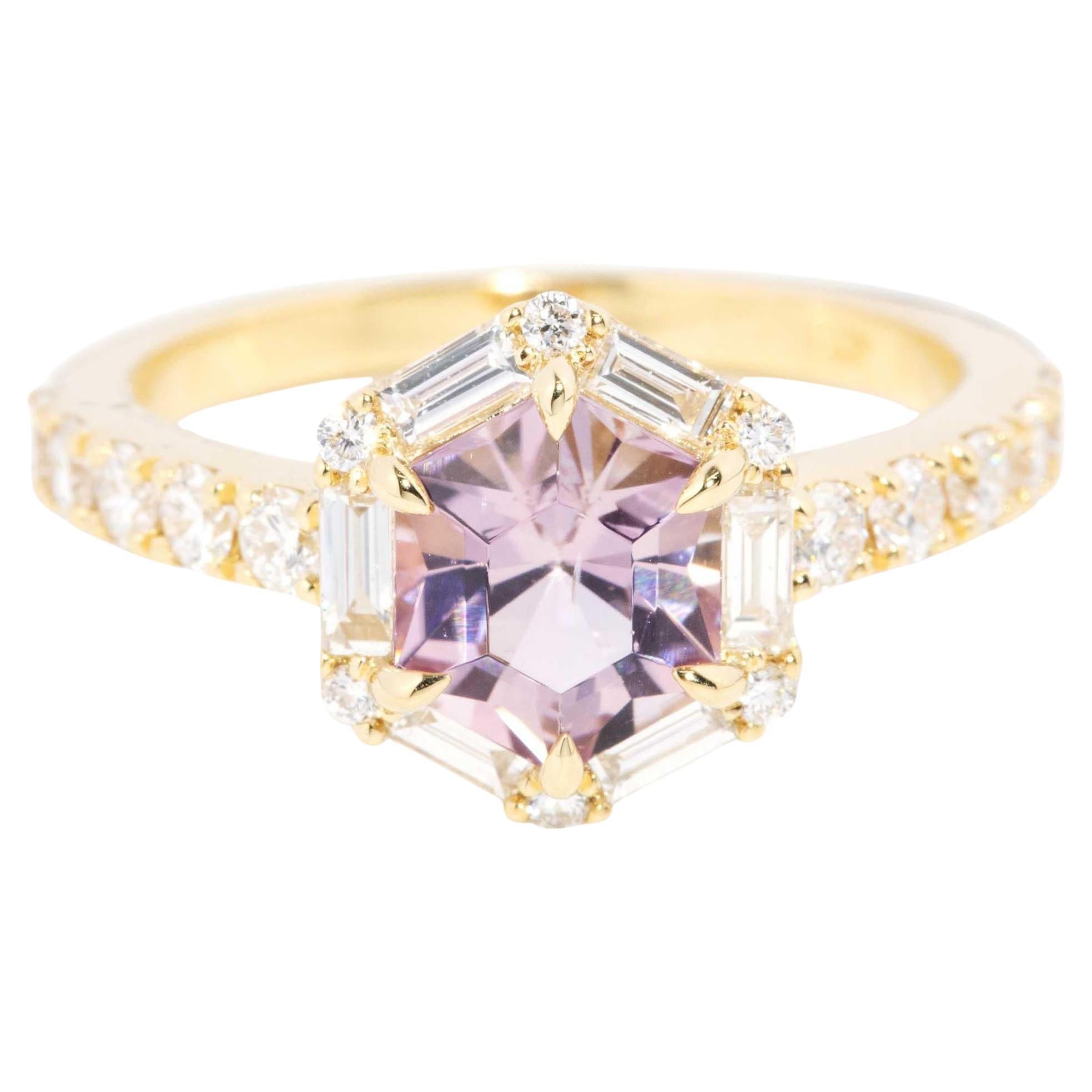 Contemporary 1.38 Carat Pink Tourmaline & Diamond Hexagonal Ring 18 Carat Gold