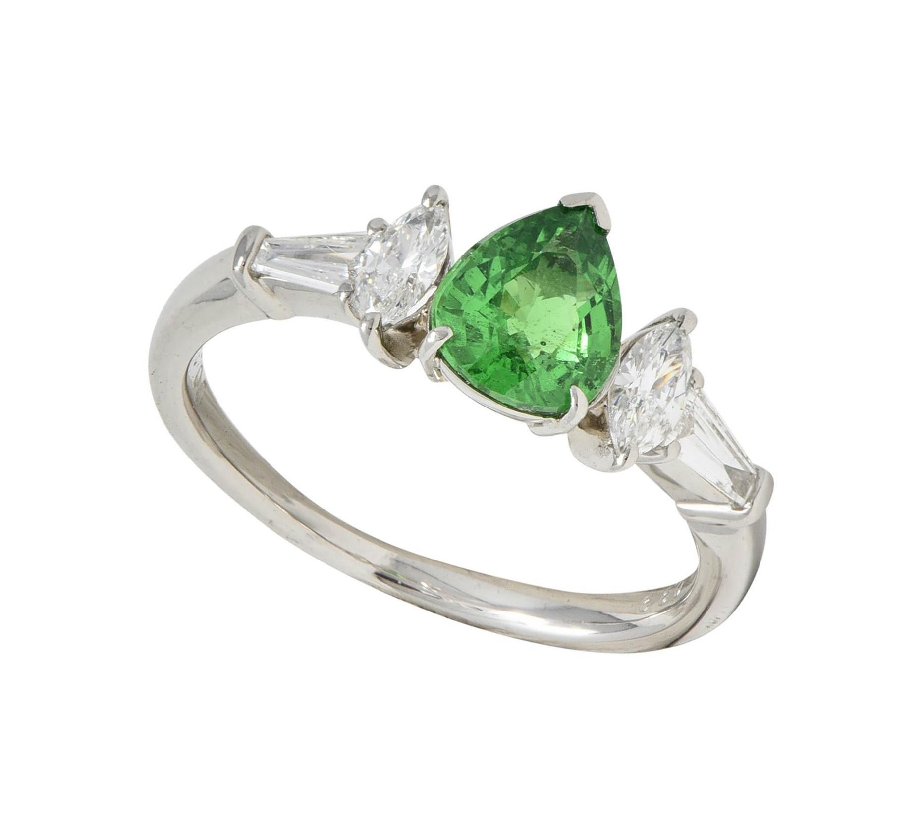 Contemporary 1.38 CTW Tsavorite Garnet Diamond Platinum Five Stone Ring For Sale 6