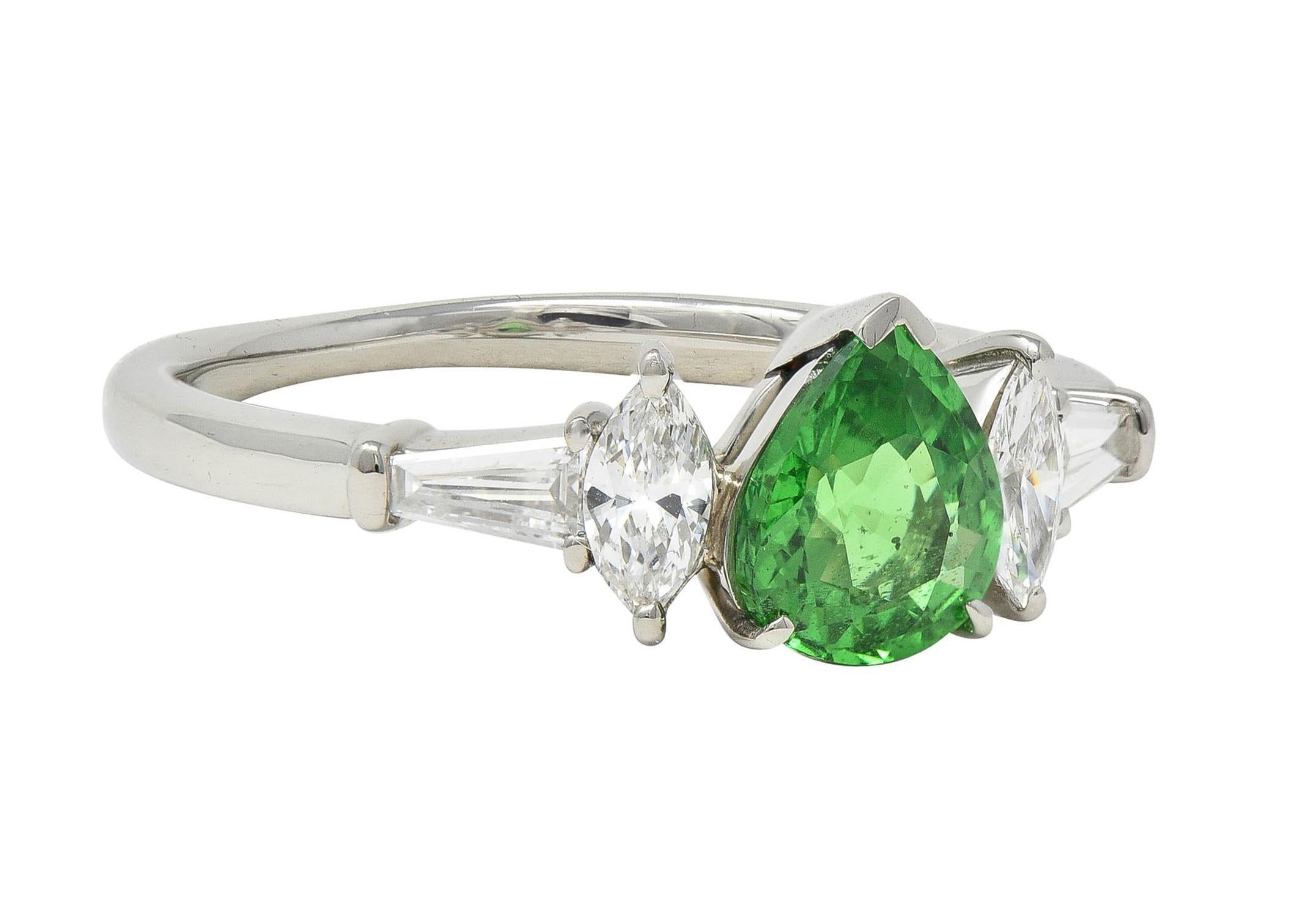 Pear Cut Contemporary 1.38 CTW Tsavorite Garnet Diamond Platinum Five Stone Ring For Sale