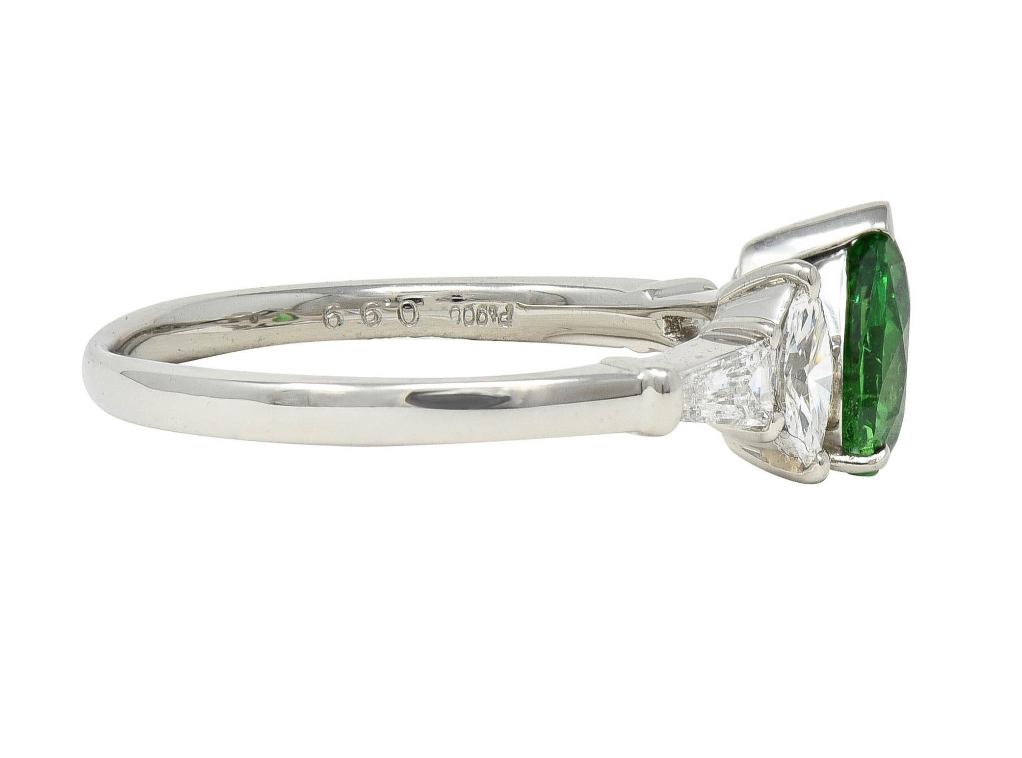 Contemporary 1.38 CTW Tsavorite Garnet Diamond Platinum Five Stone Ring In Excellent Condition For Sale In Philadelphia, PA